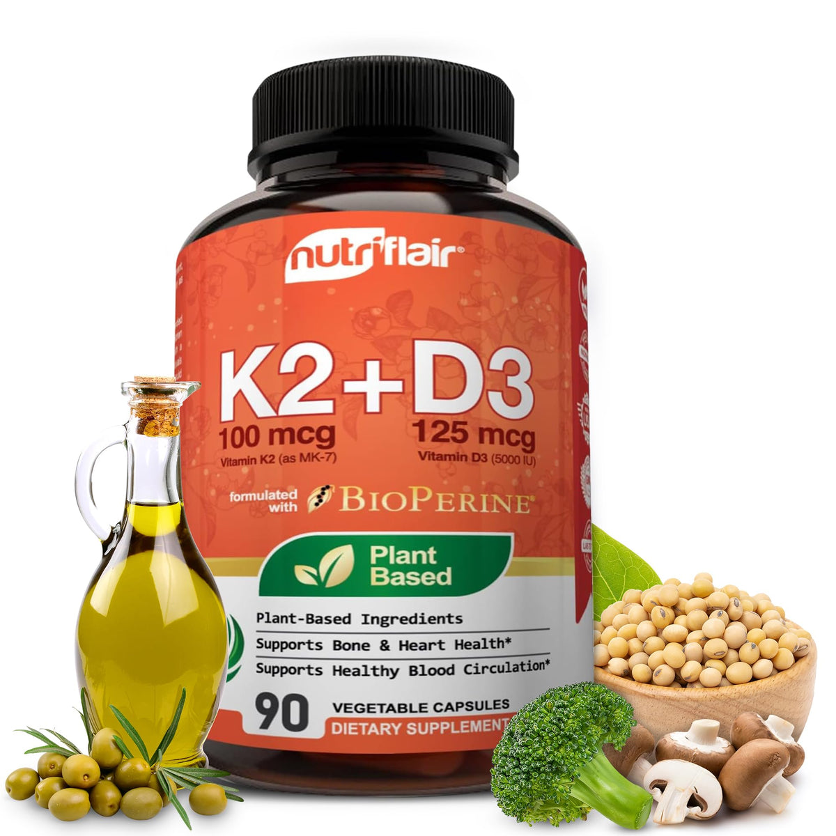 NutriFlair Vitamin D3 + K2 capsules front view with packaging