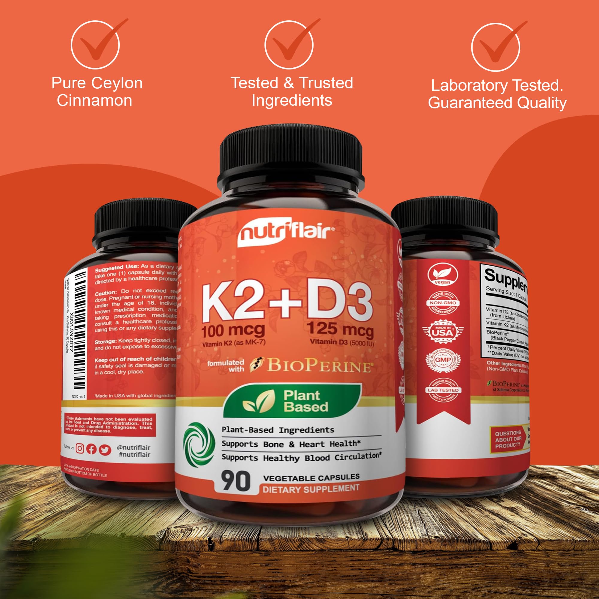 NutriFlair Vitamin D3 + K2 capsules with a measuring spoon