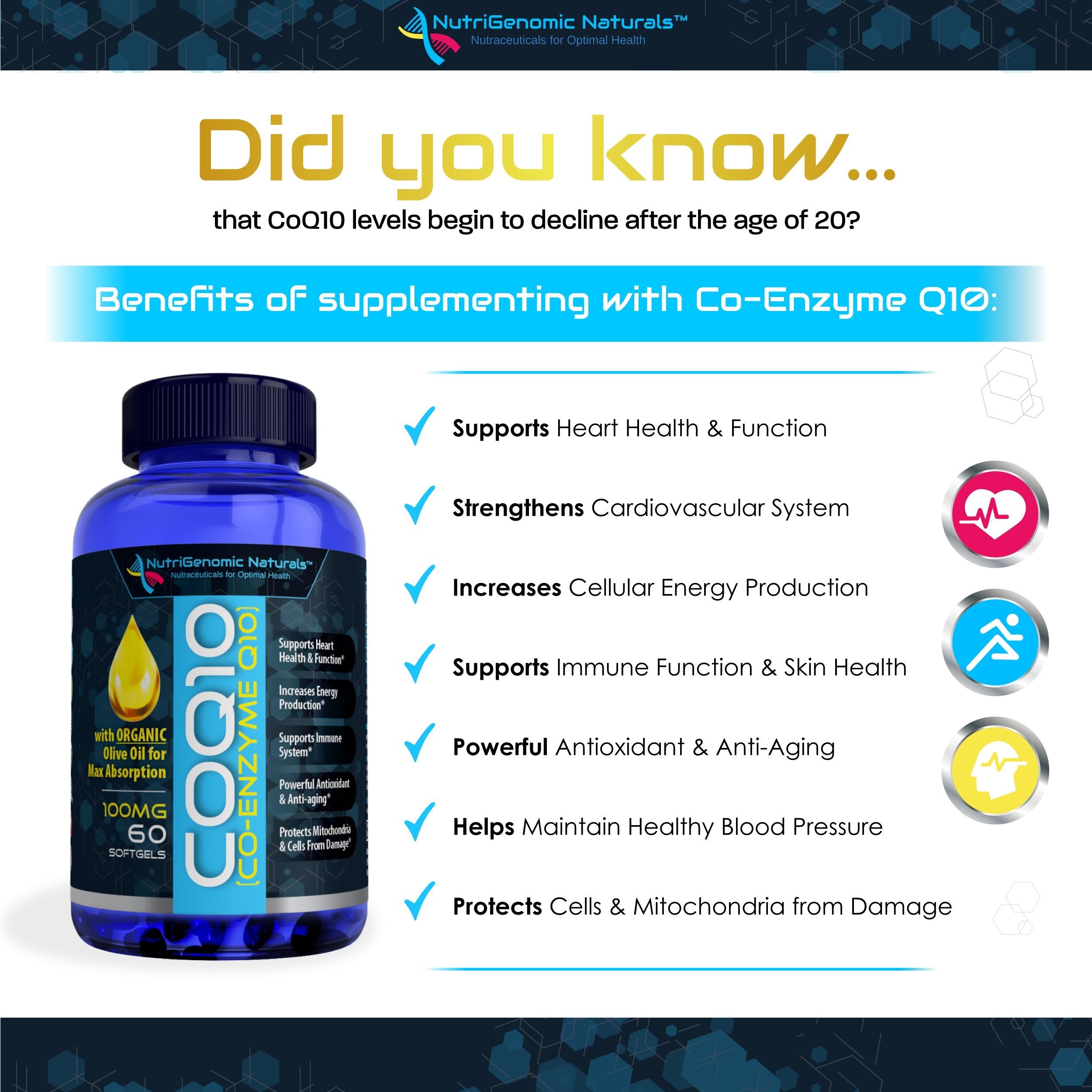 NutriGenomic Naturals CoQ10 100mg supplement on a wooden table