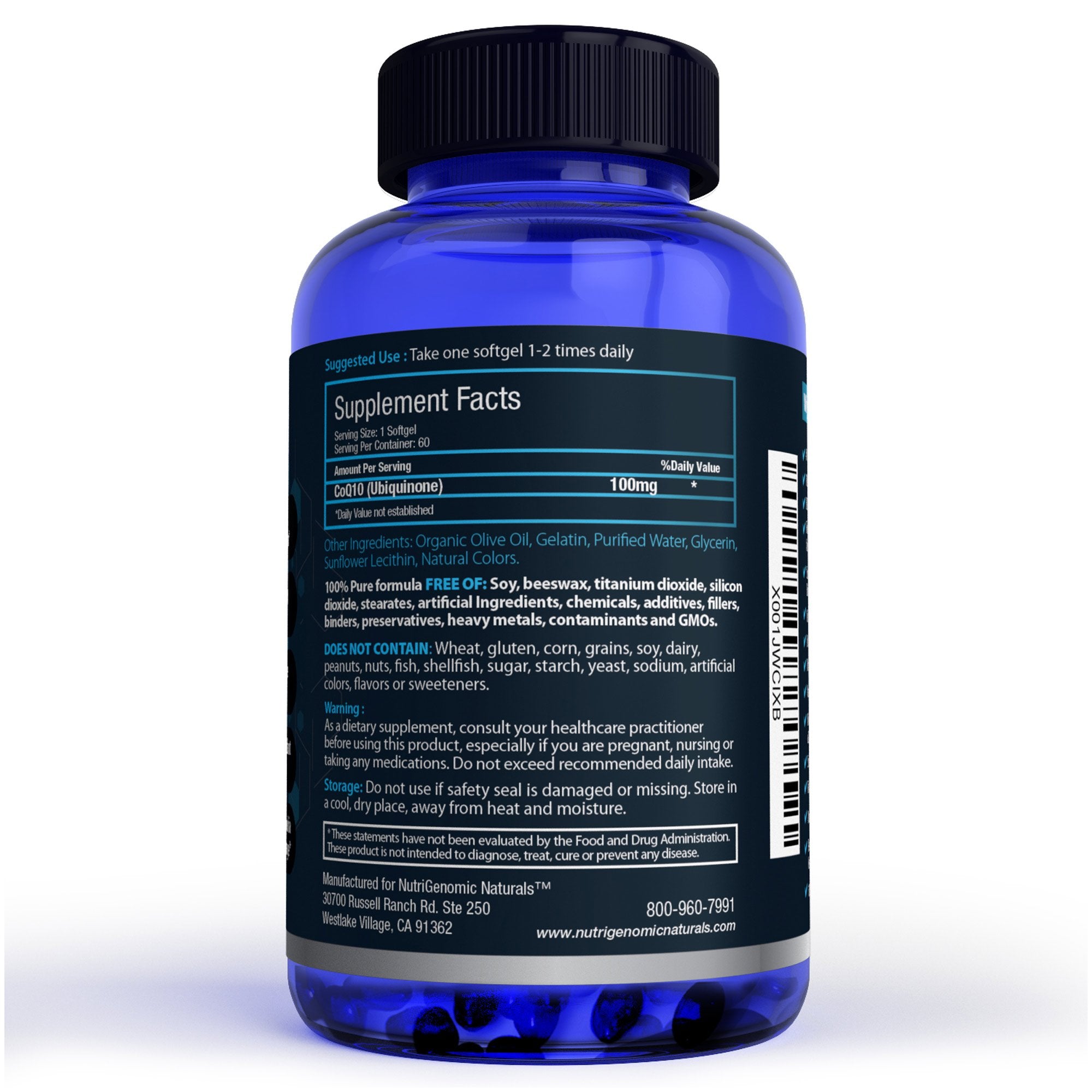 NutriGenomic Naturals CoQ10 100mg supplement side view