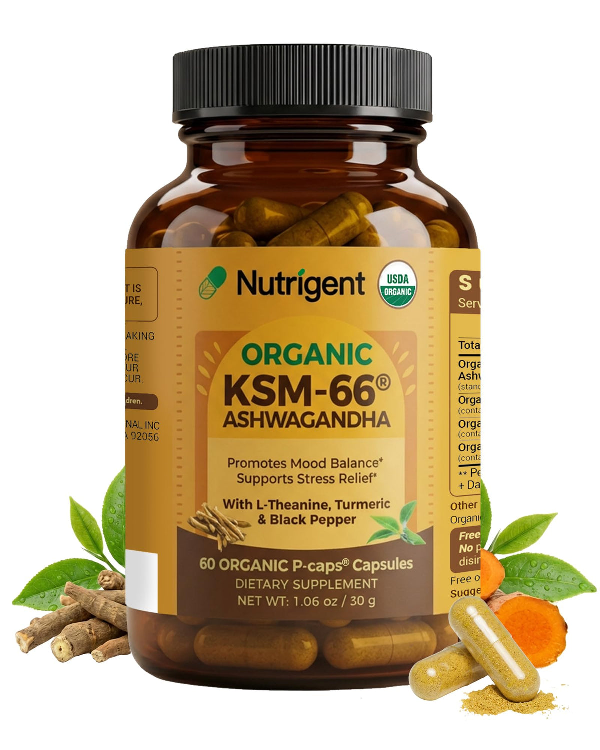 Nutrigent Ashwagandha 600mg KSM-66 Organic Capsules front view
