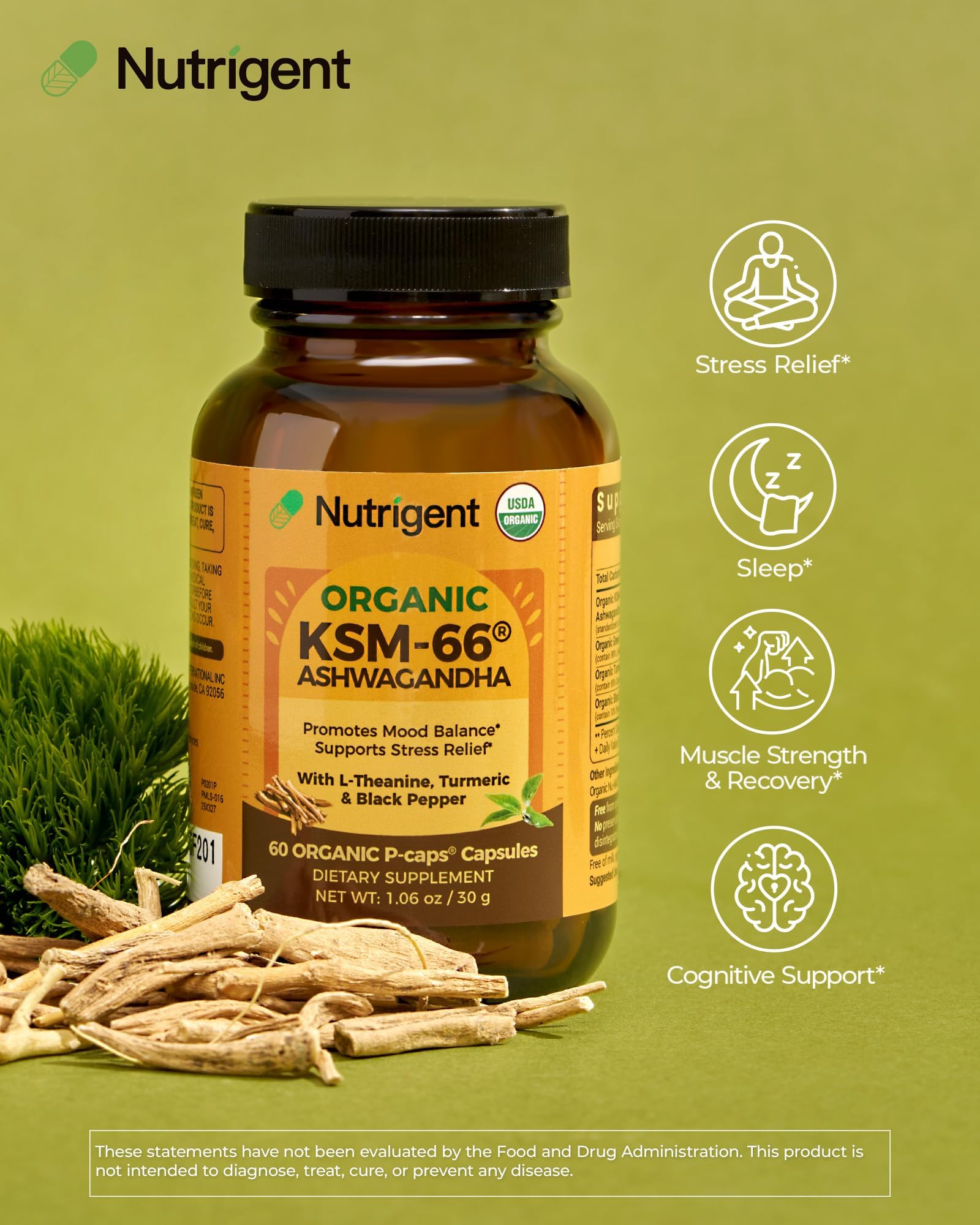Nutrigent Ashwagandha 600mg KSM-66 Organic Capsules side view