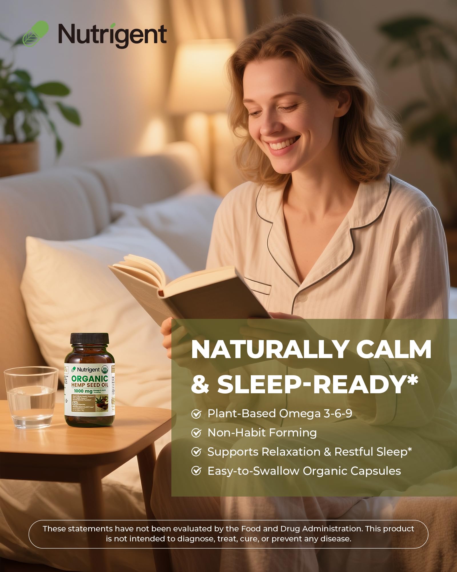 Nutrigent Organic Hemp Seed Oil Capsules with fresh hemp leaves