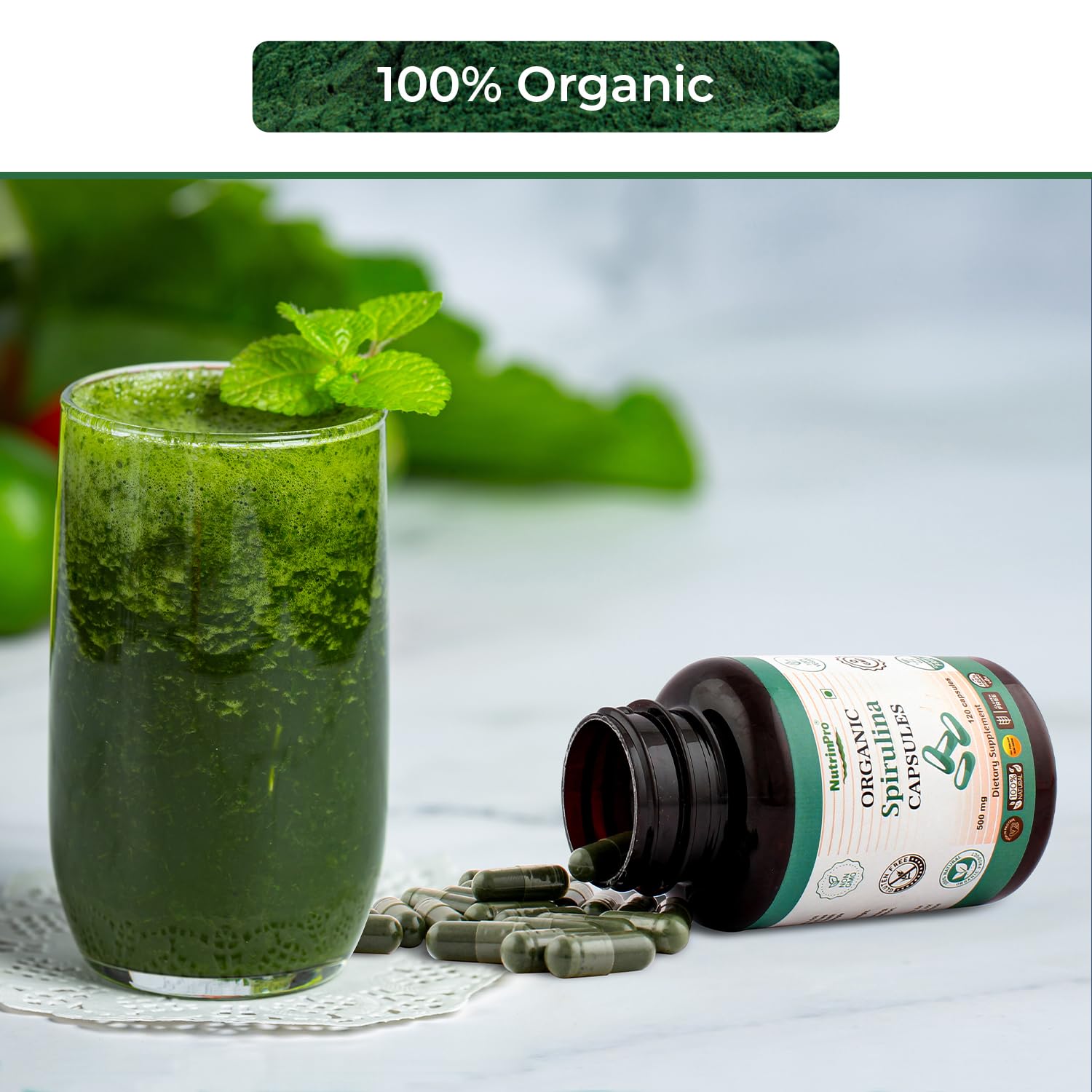 NUTRINPRO Spirulina Capsules bottle with nutrition facts