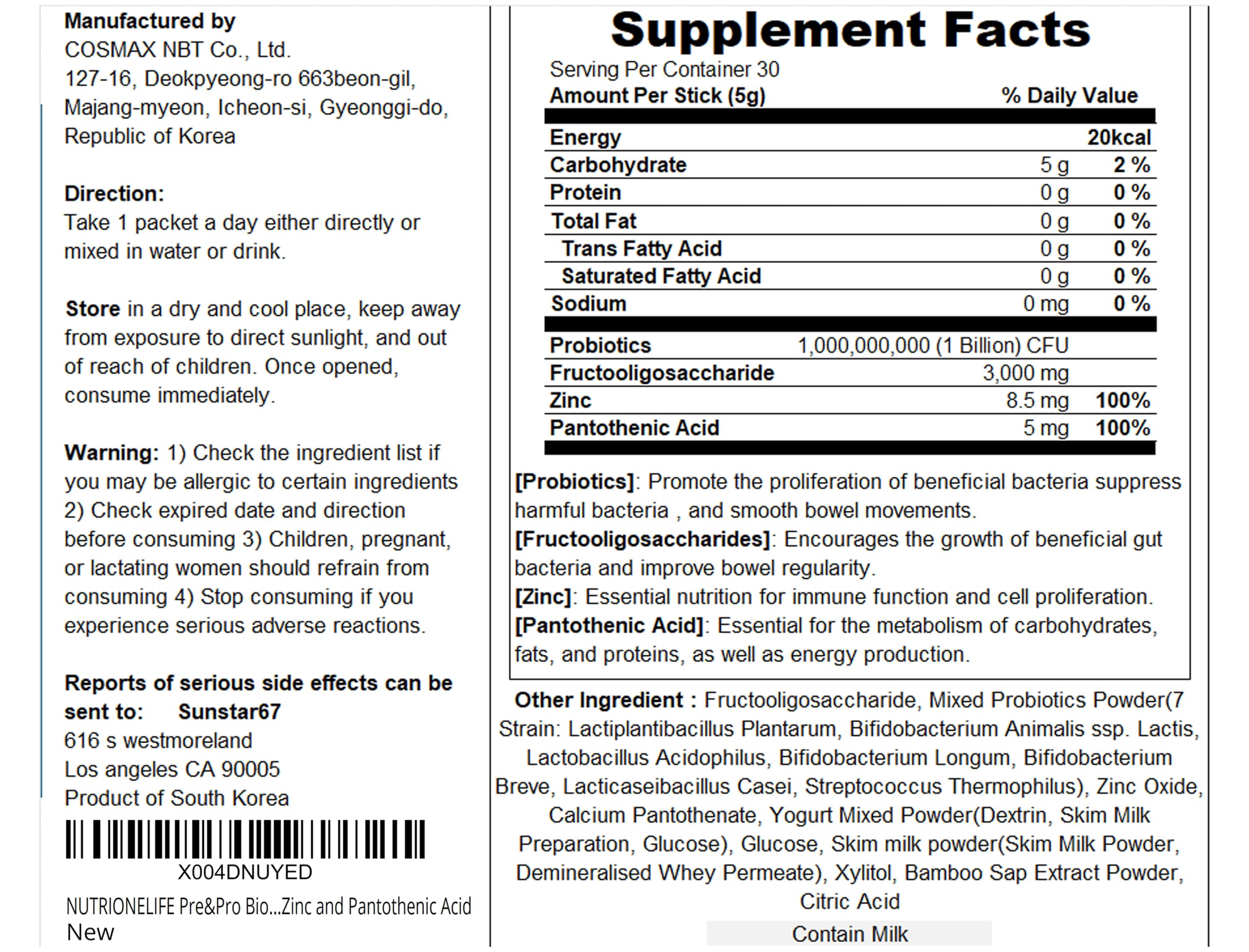 NUTRIONELIFE Prebiotic Supplement packaging and contents