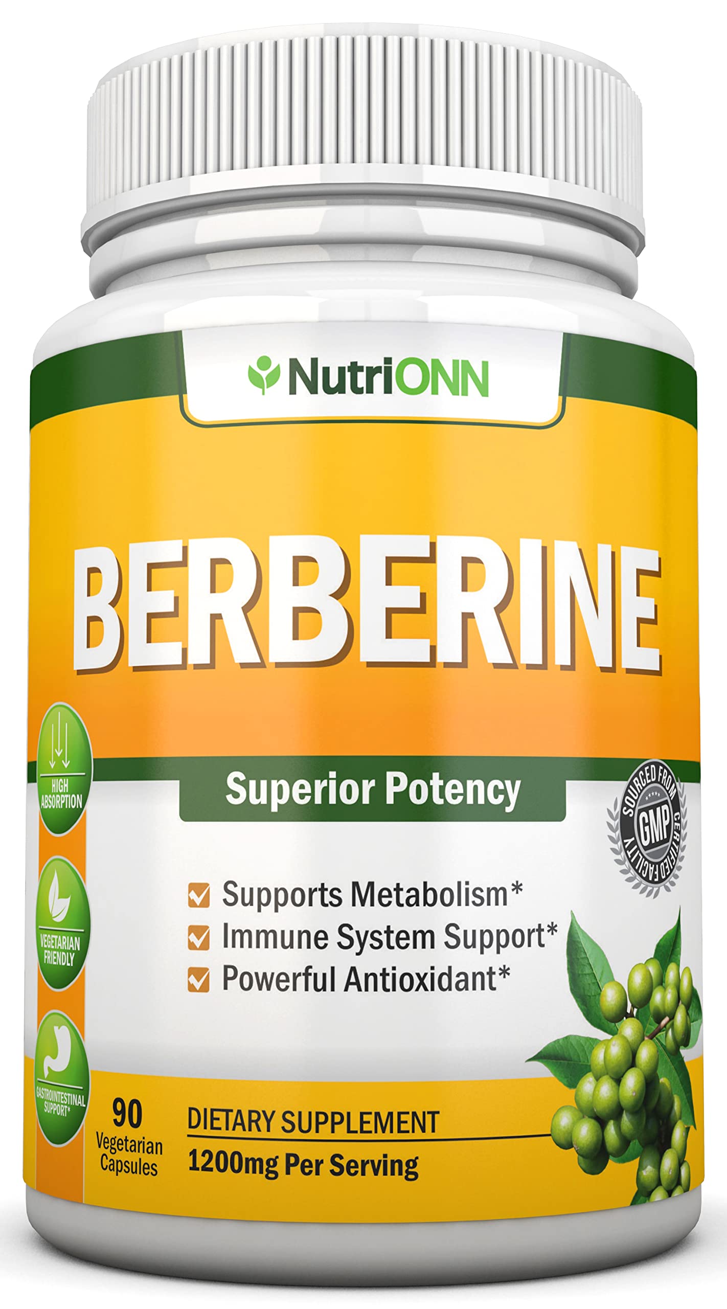 NutriONN Berberine HCl 1200mg 90 Vegetarian Capsules front view