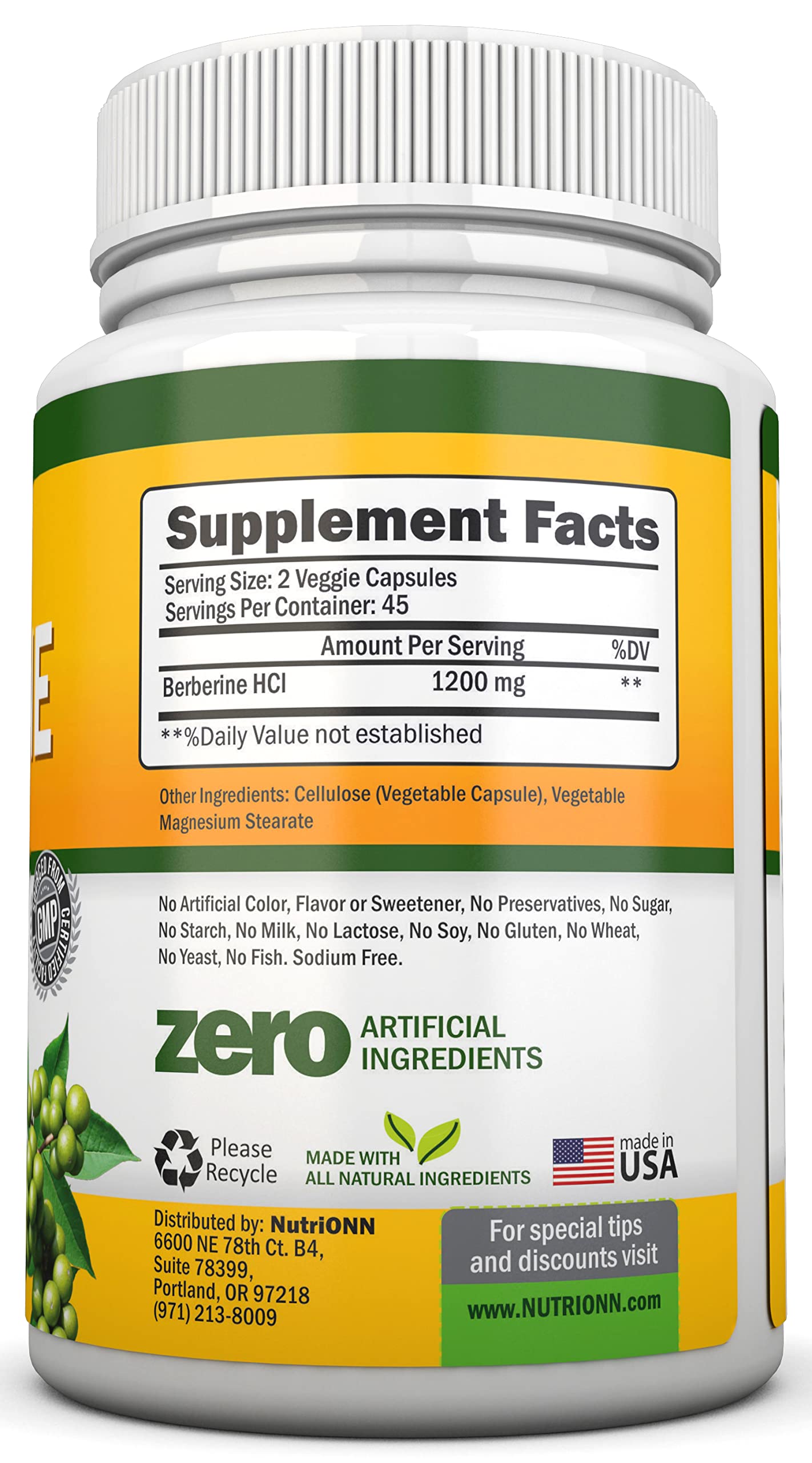 NutriONN Berberine HCl 1200mg bottle side view
