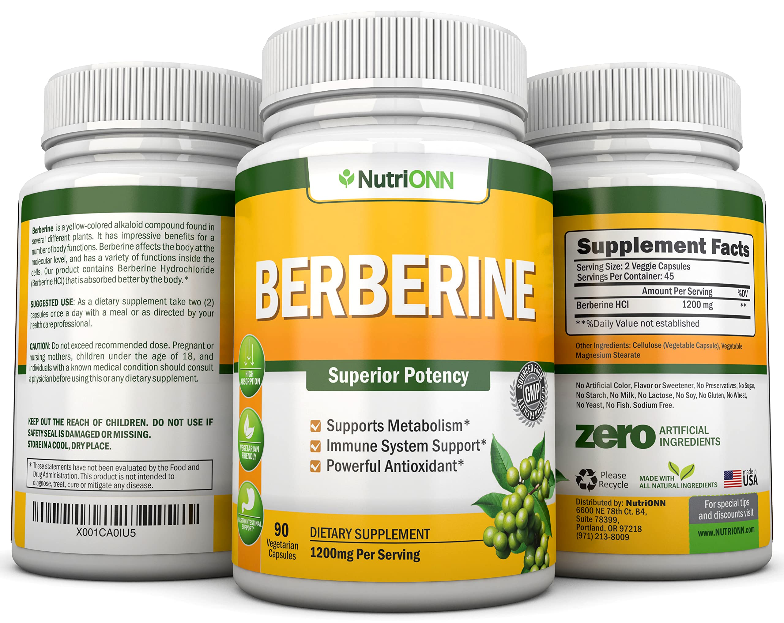 NutriONN Berberine HCl 1200mg capsules with a glass of water