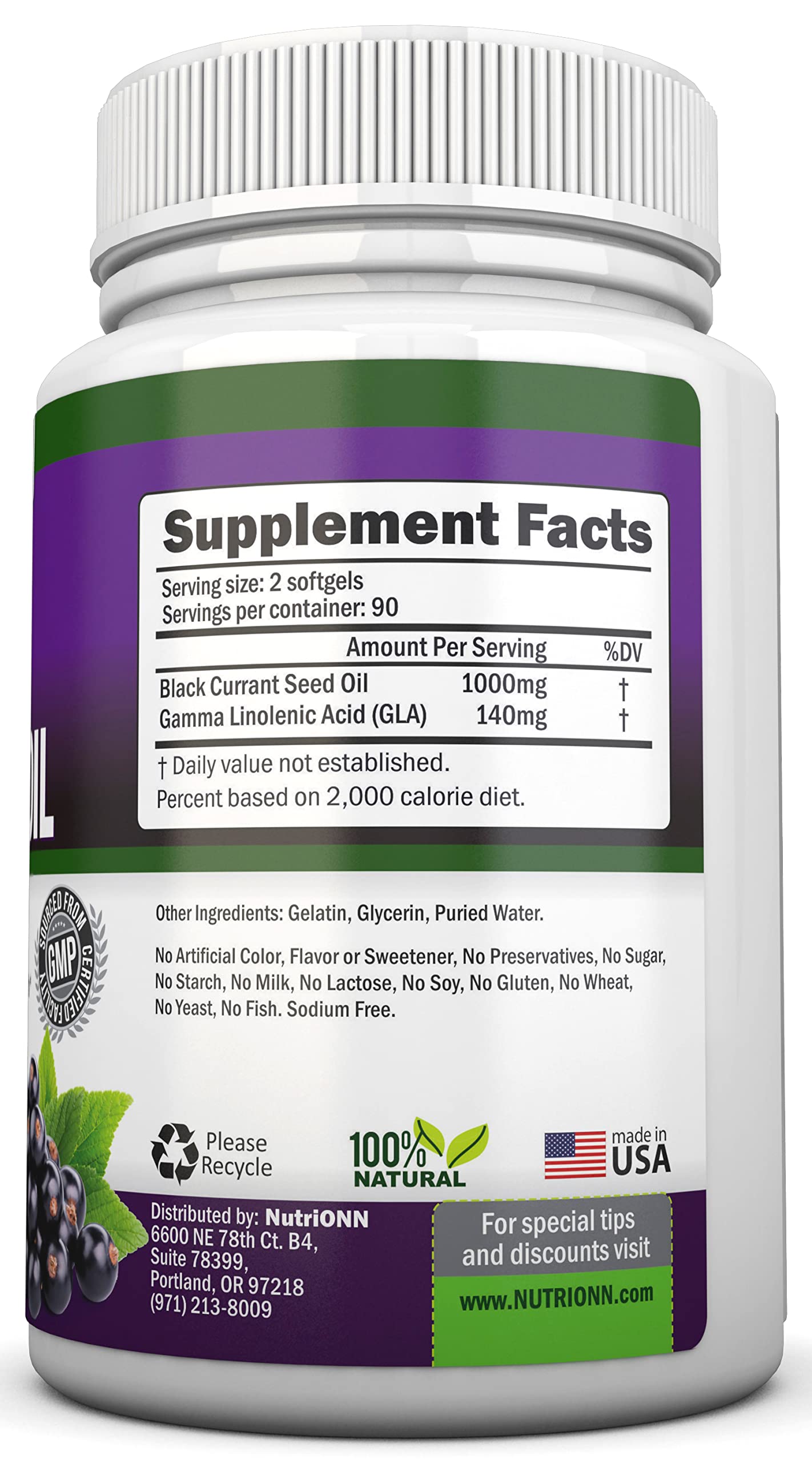 NutriONN Black Currant Oil softgels back view with ingredient list