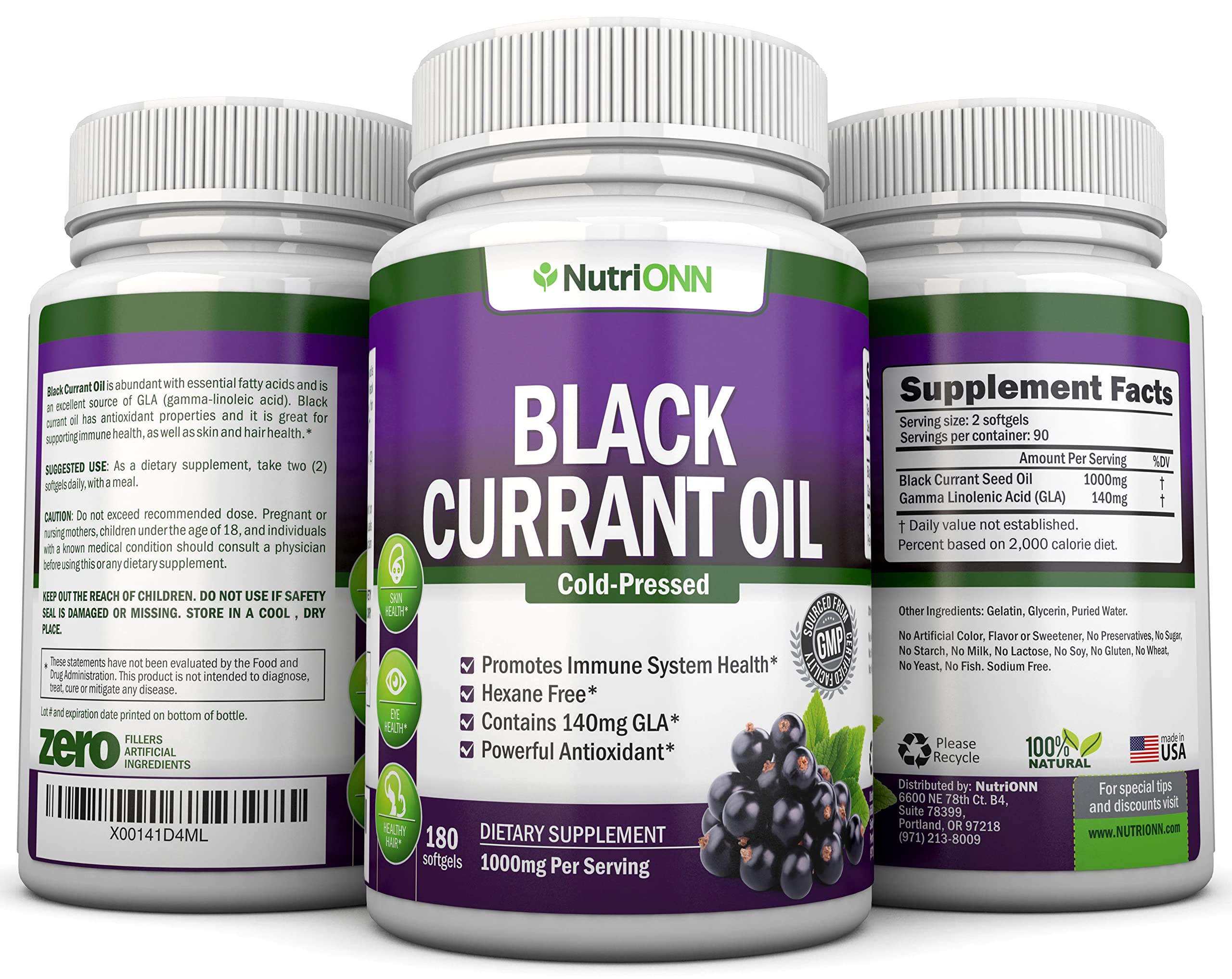 NutriONN Black Currant Oil softgels with a measuring spoon