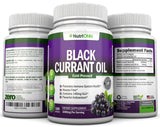 NutriONN Black Currant Oil softgels with a measuring spoon