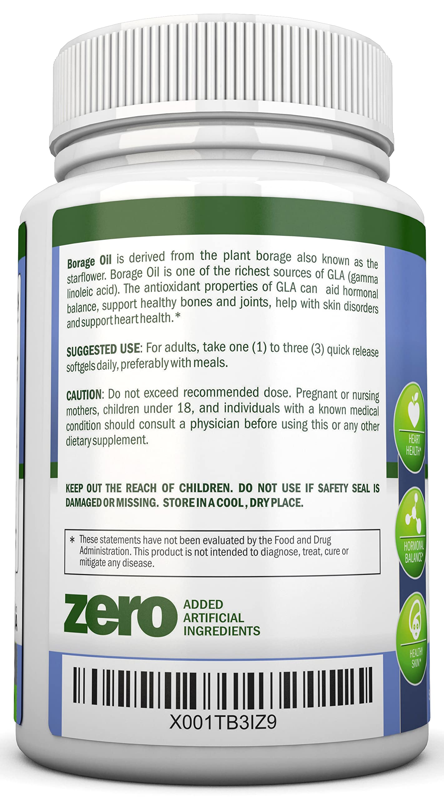 NutriONN Borage Oil Softgels back view with ingredient list