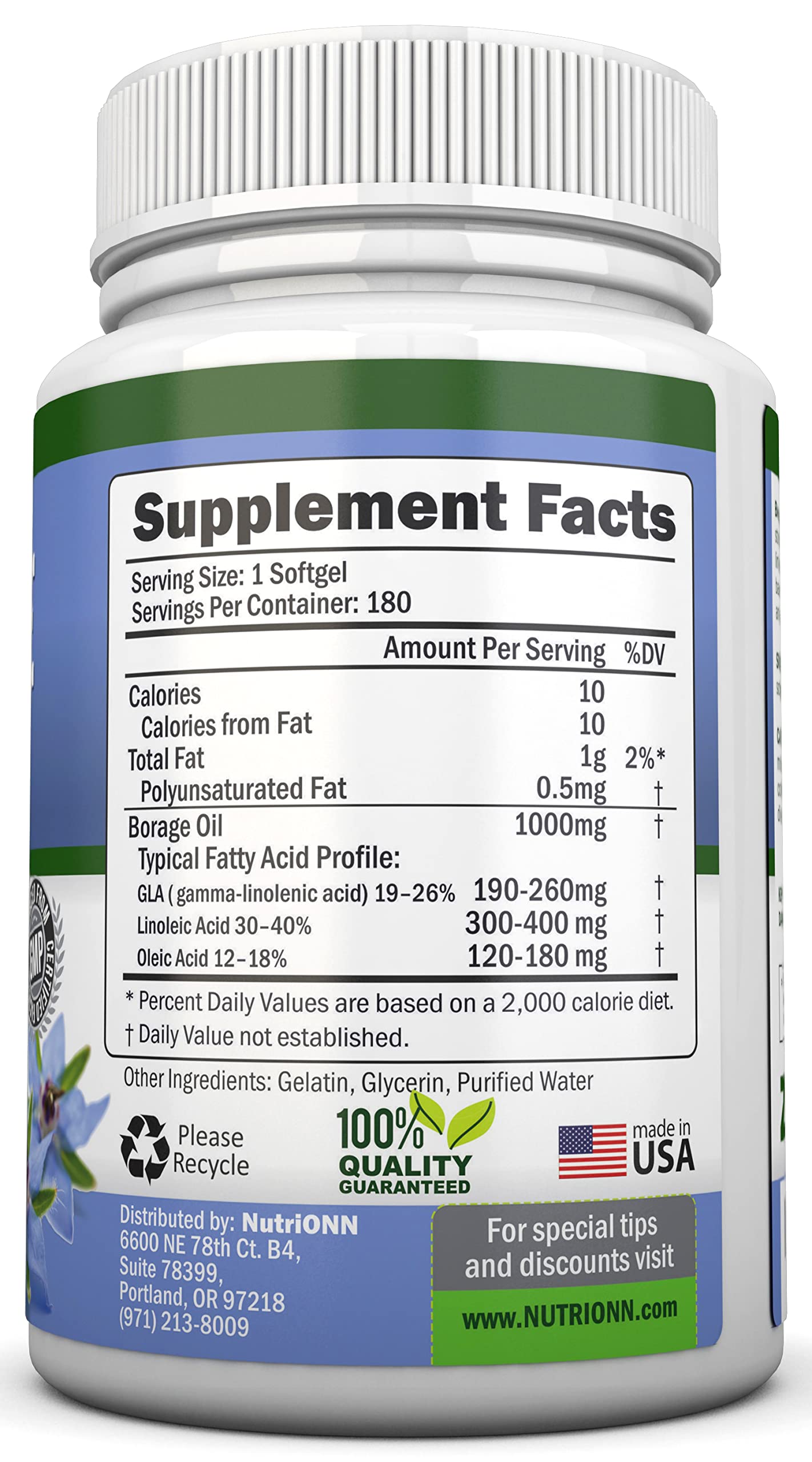 NutriONN Borage Oil Softgels side view showing capsule