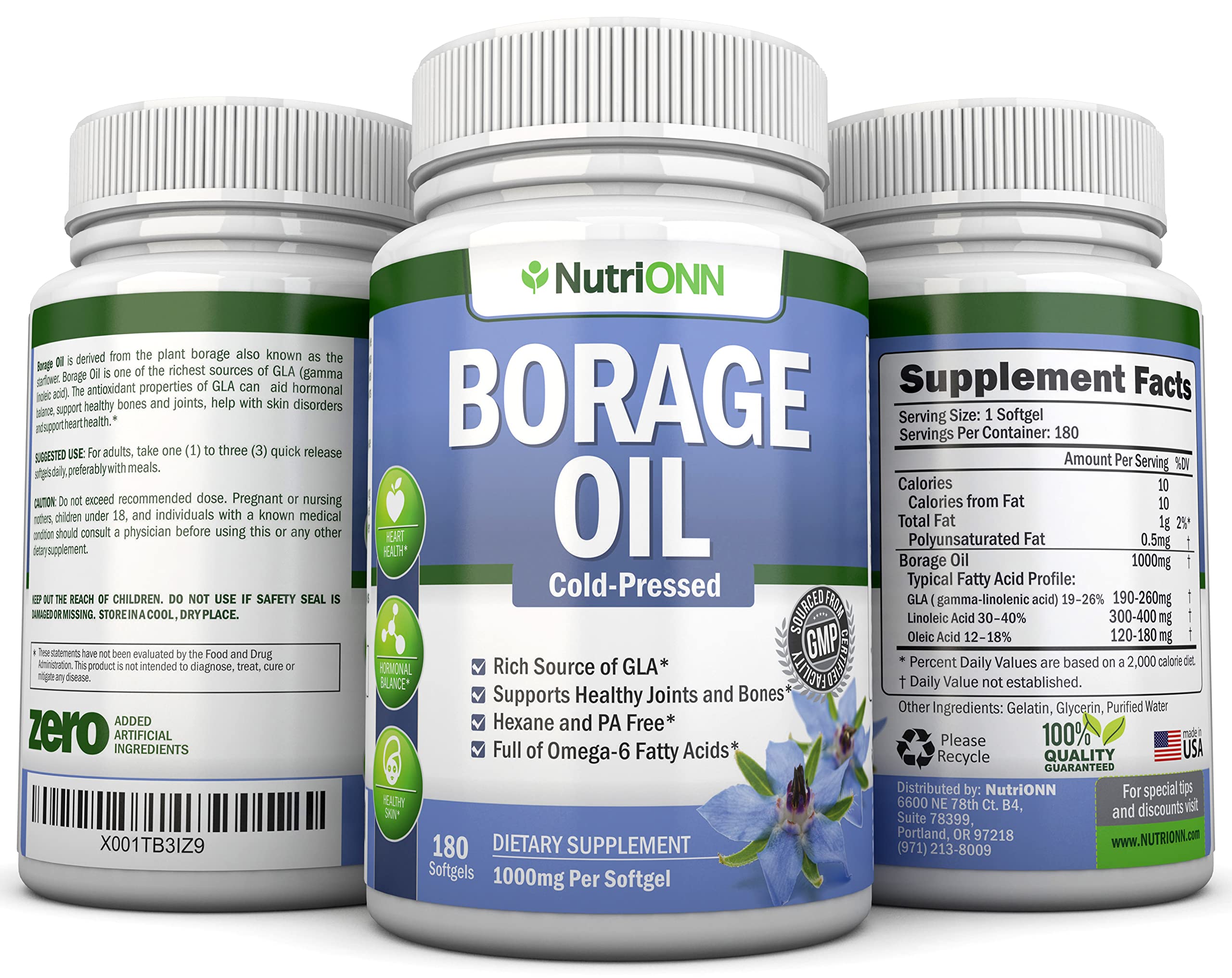 NutriONN Borage Oil Softgels with a measuring spoon