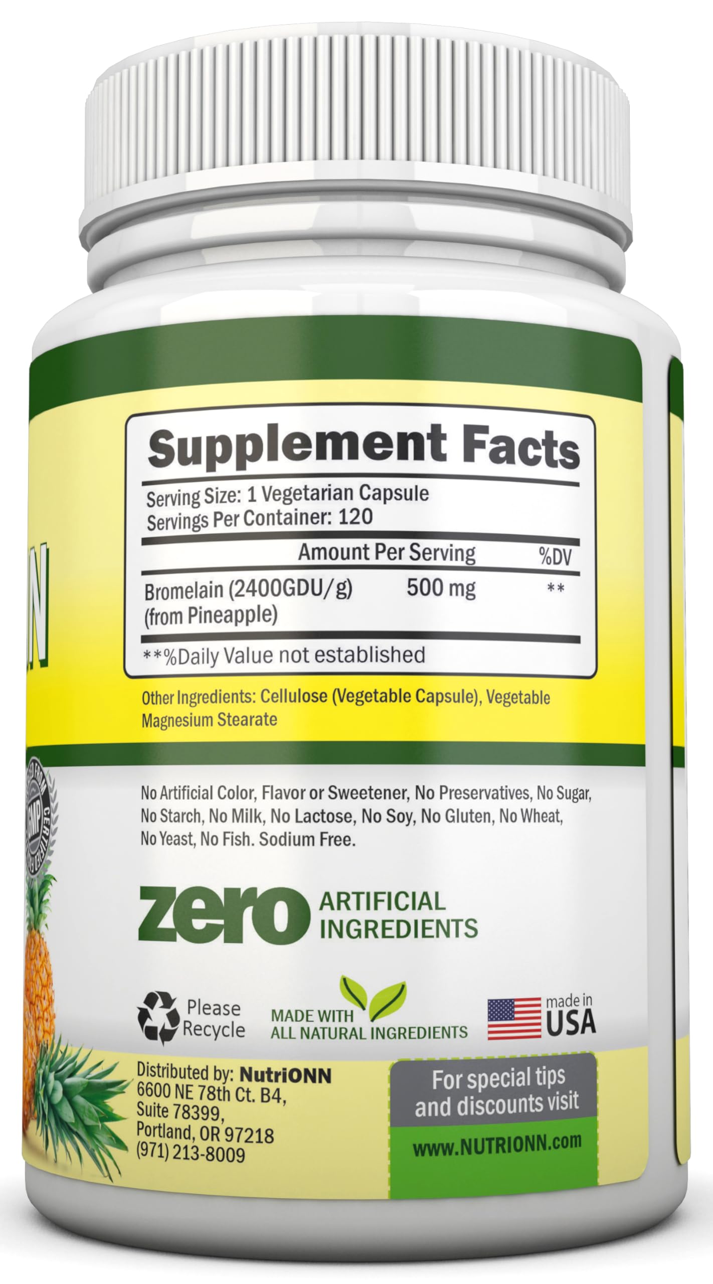 NutriONN Bromelain 500mg 120 Capsules side view