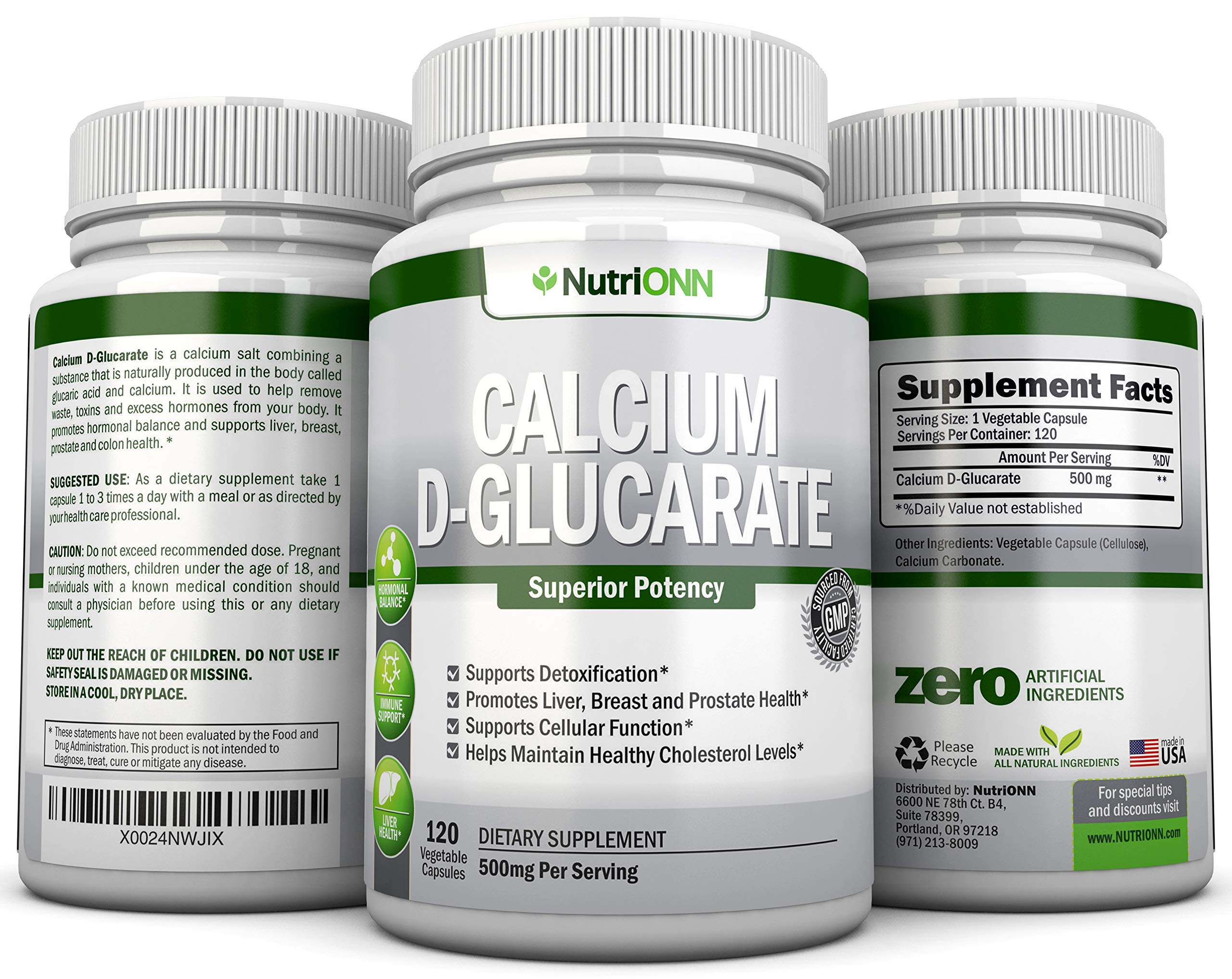 NutriONN Calcium D-Glucarate 500mg capsules with a measuring spoon