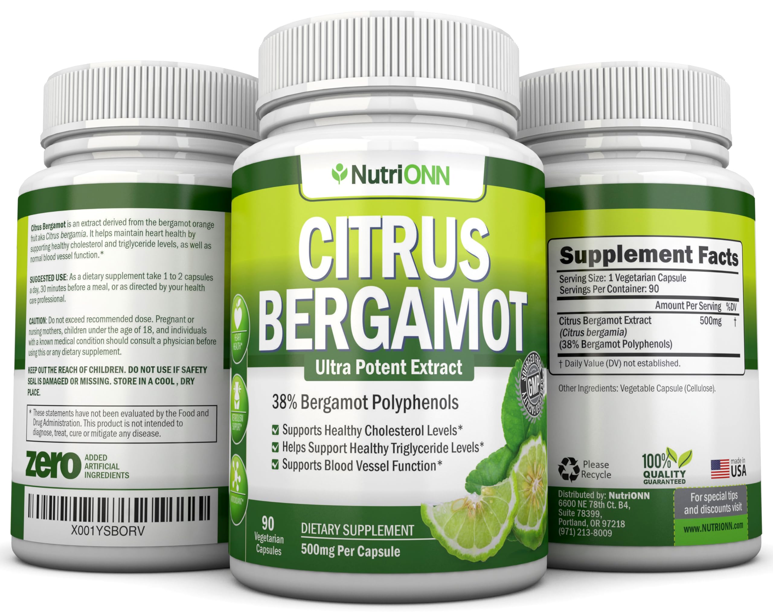 NutriONN Citrus Bergamot Extract 500mg bottle and capsules on a wooden table