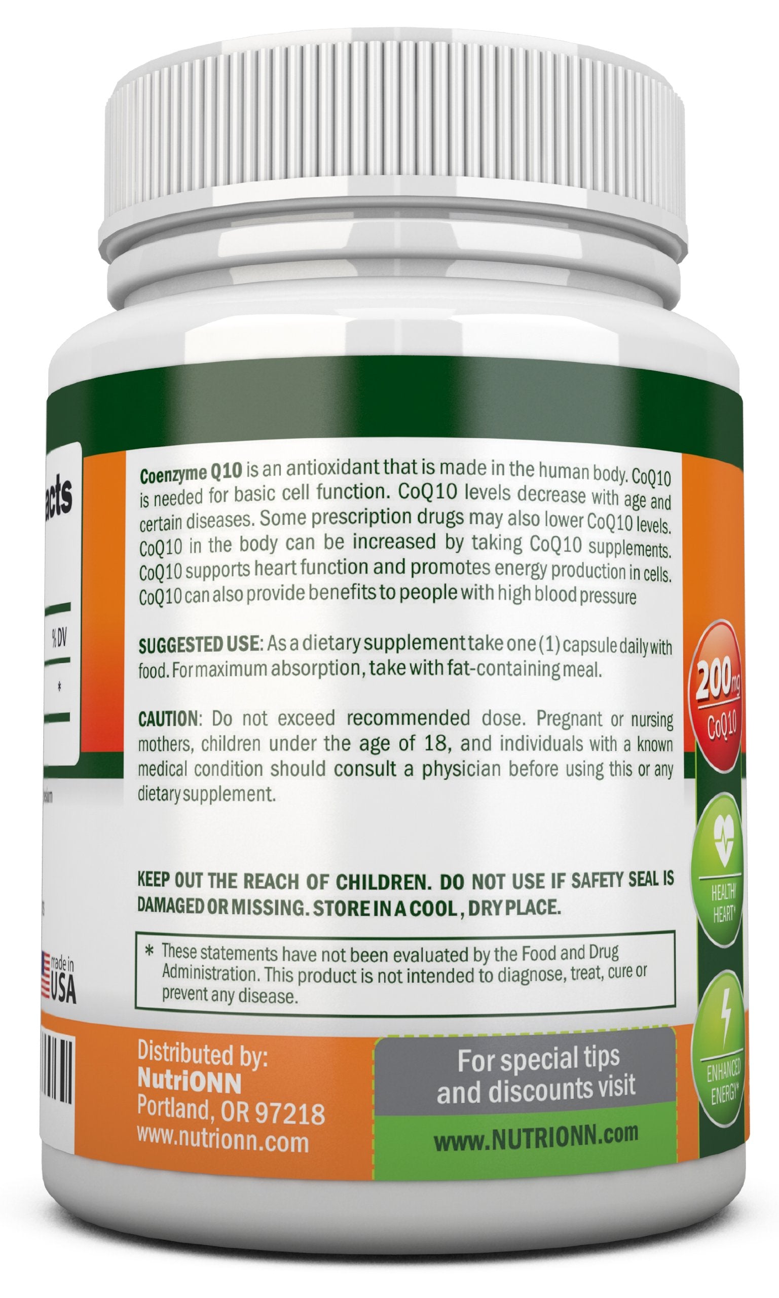 NutriONN CoQ10 Extra Strength 200mg 120 Capsules side view