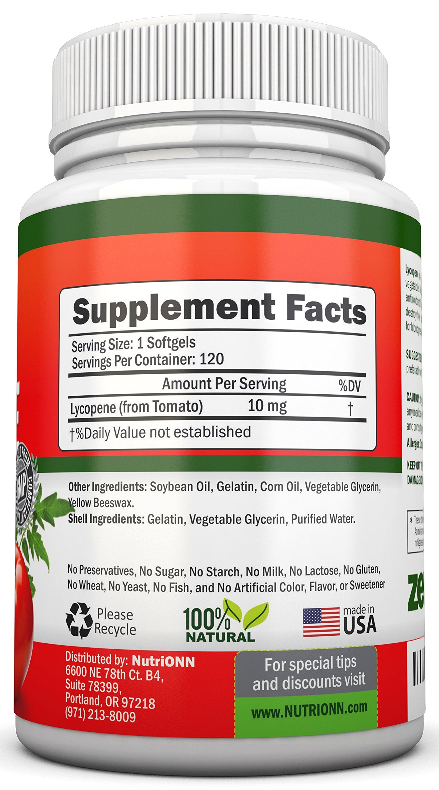NutriONN Lycopene capsule bottle side view