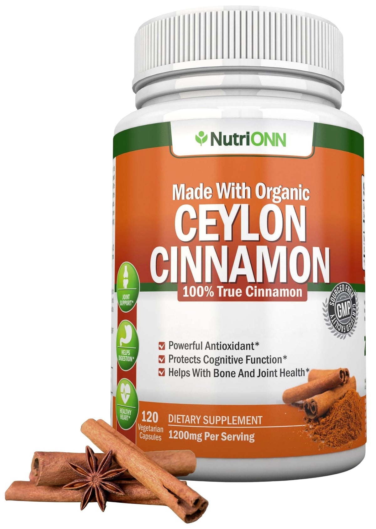 NutriONN Organic Ceylon Cinnamon 1200mg capsules front view