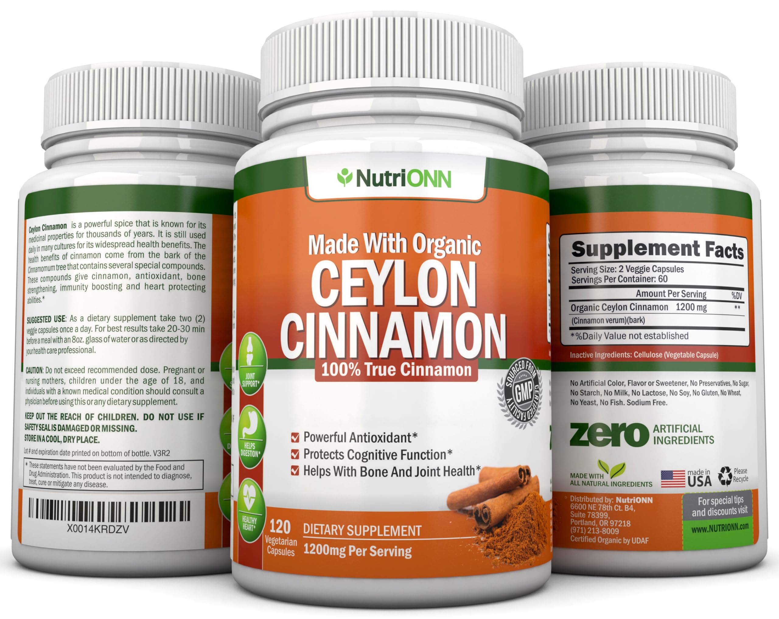 NutriONN Organic Ceylon Cinnamon capsules on a marble countertop