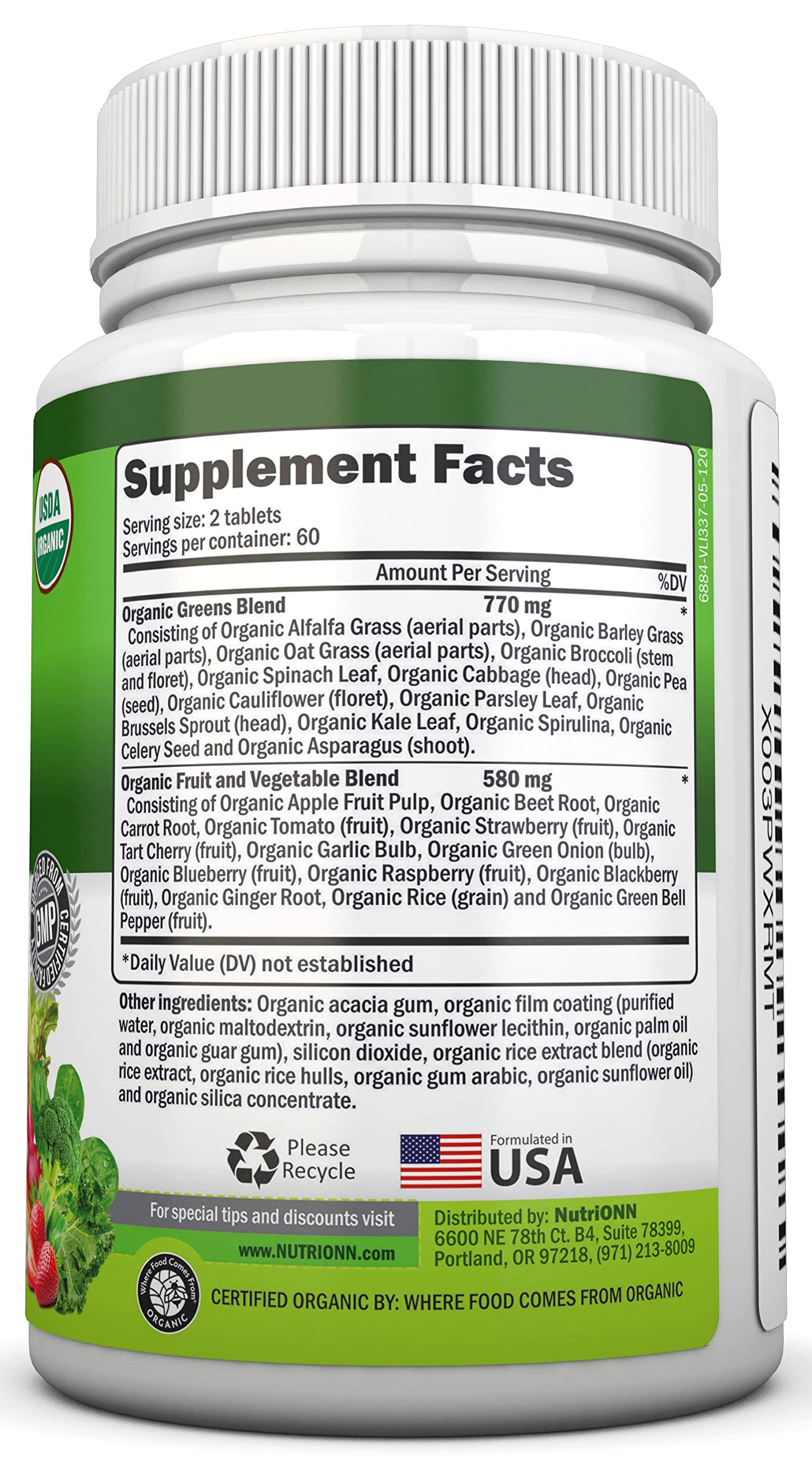 NutriONN Organic Superfood Blend side view with ingredients list