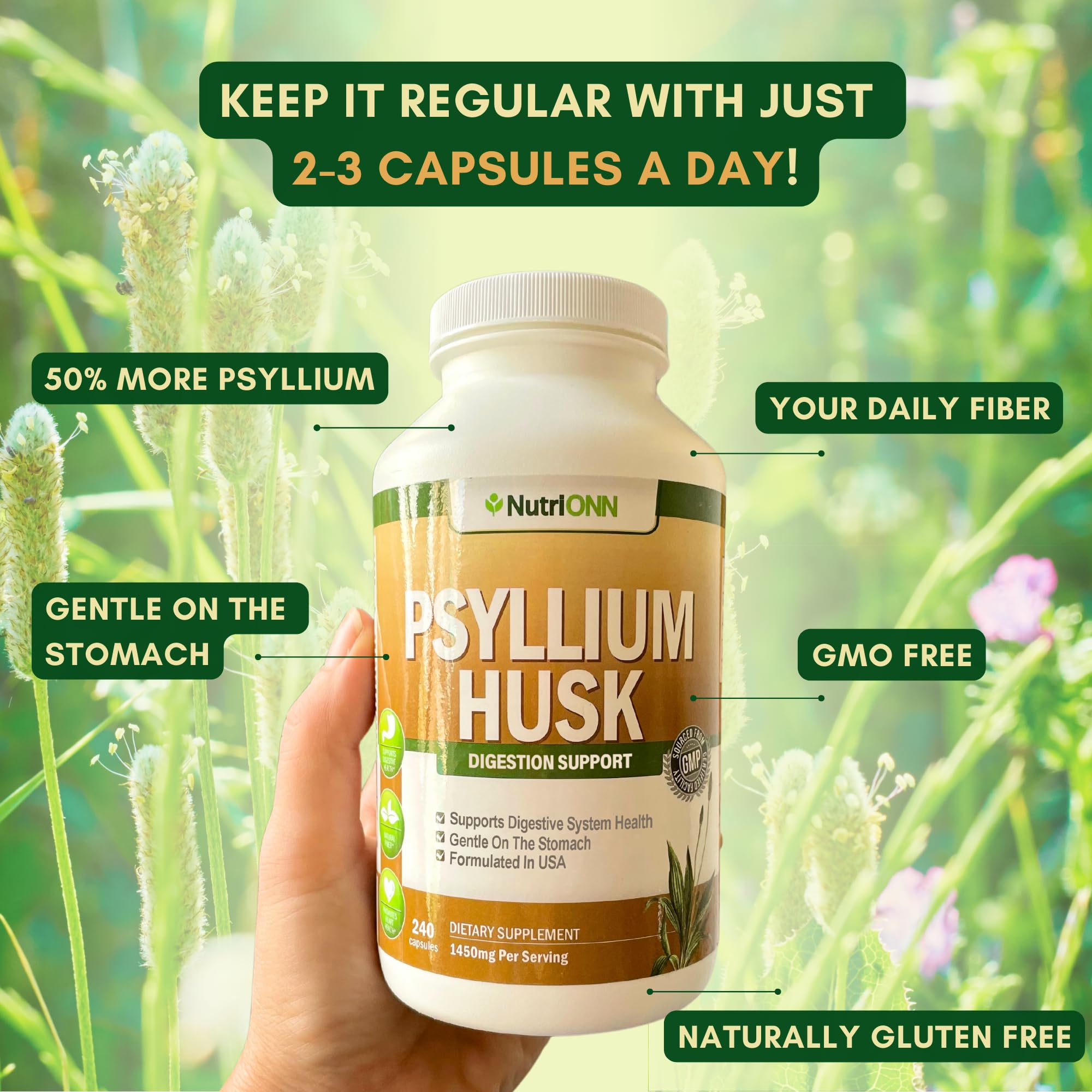 NutriONN Psyllium Husk Capsules back view with ingredients
