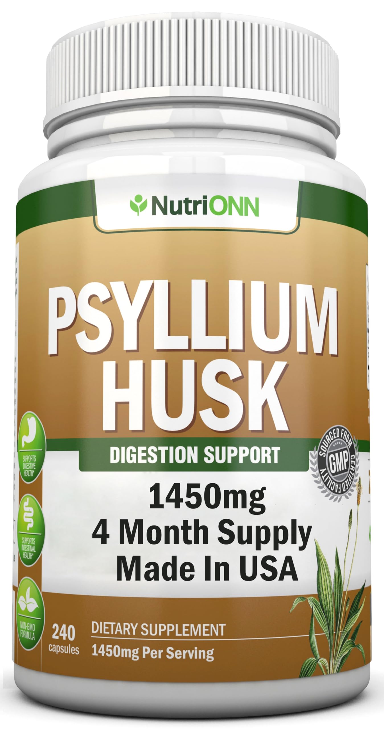 NutriONN Psyllium Husk Capsules front view, 272g bottle