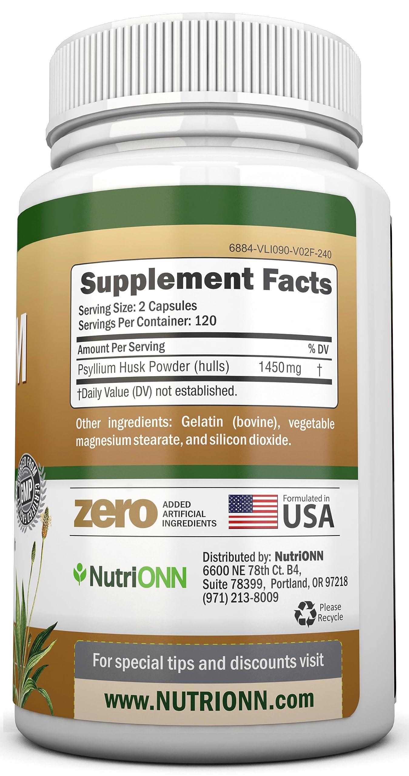 NutriONN Psyllium Husk Capsules side view with label