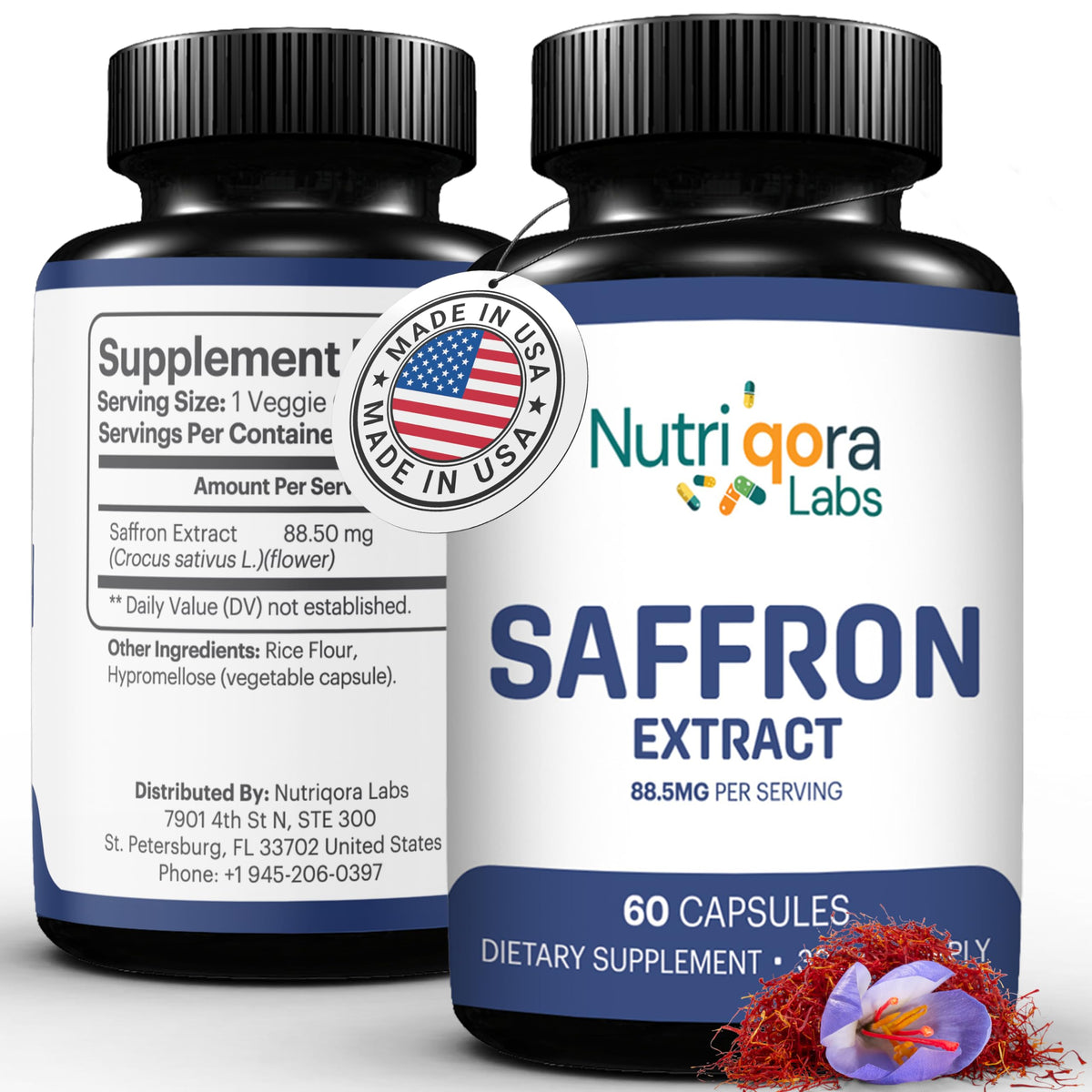 NUTRIQORA LABS Saffron Extract Capsules bottle front view