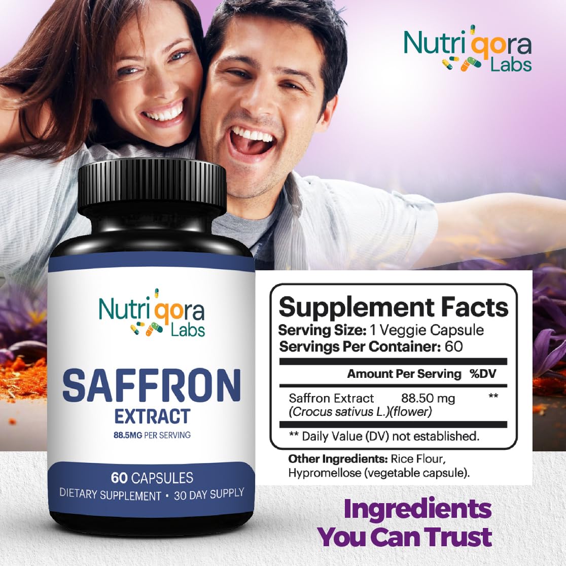 NUTRIQORA LABS Saffron Extract Capsules on a wooden table