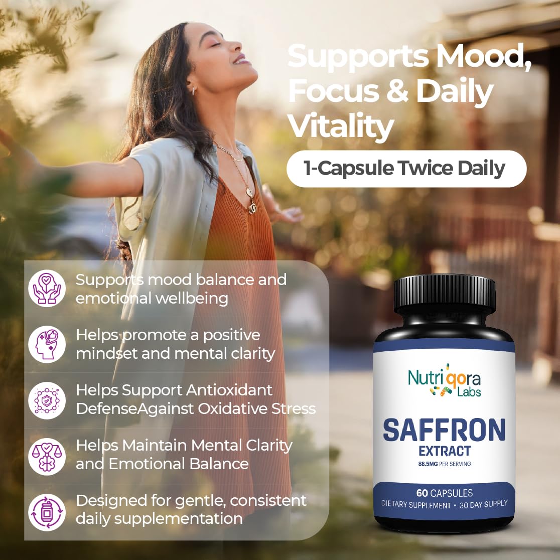 NUTRIQORA LABS Saffron Extract Capsules with a measuring spoon