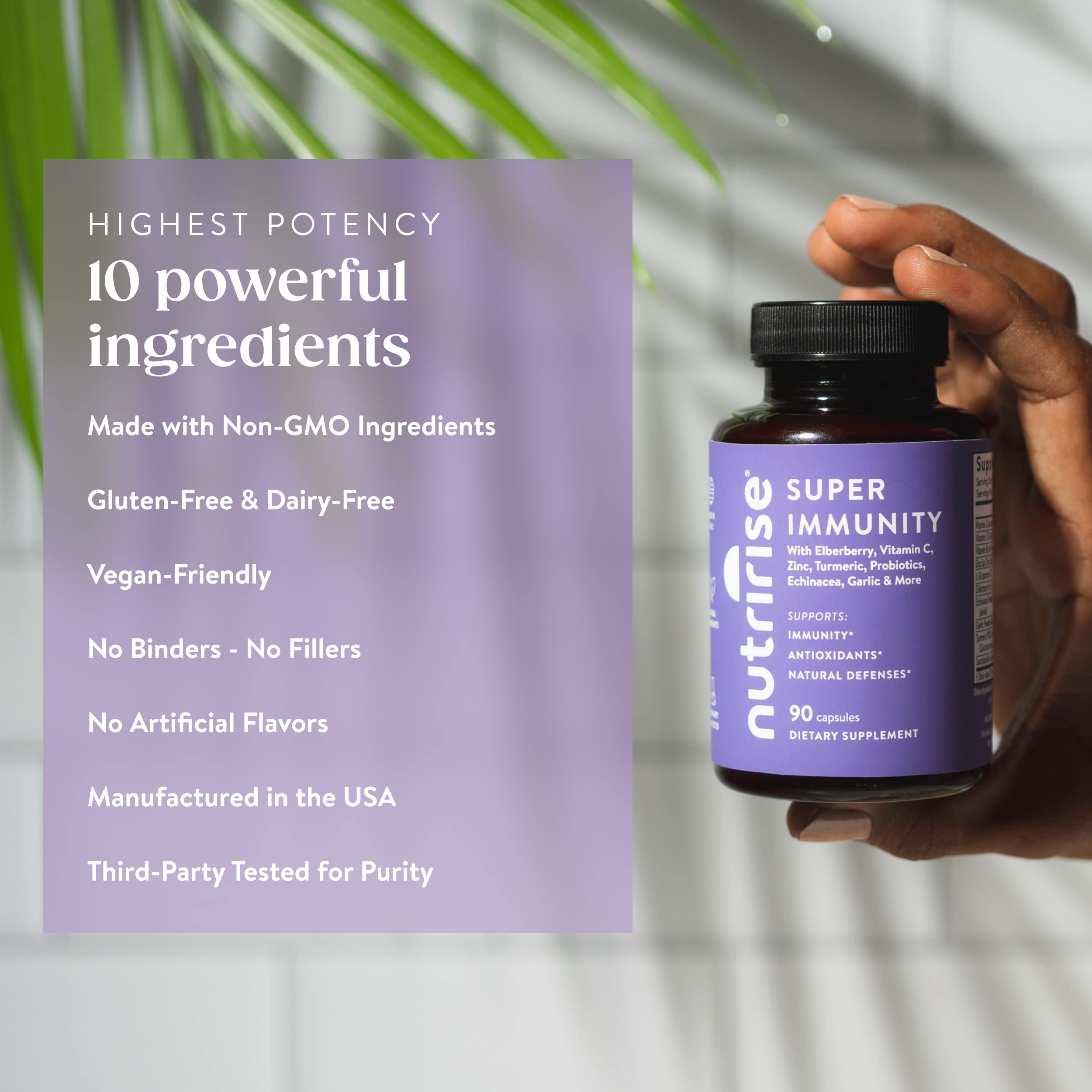 NutriRise daily wellness Support Supplement capsules on a wooden table