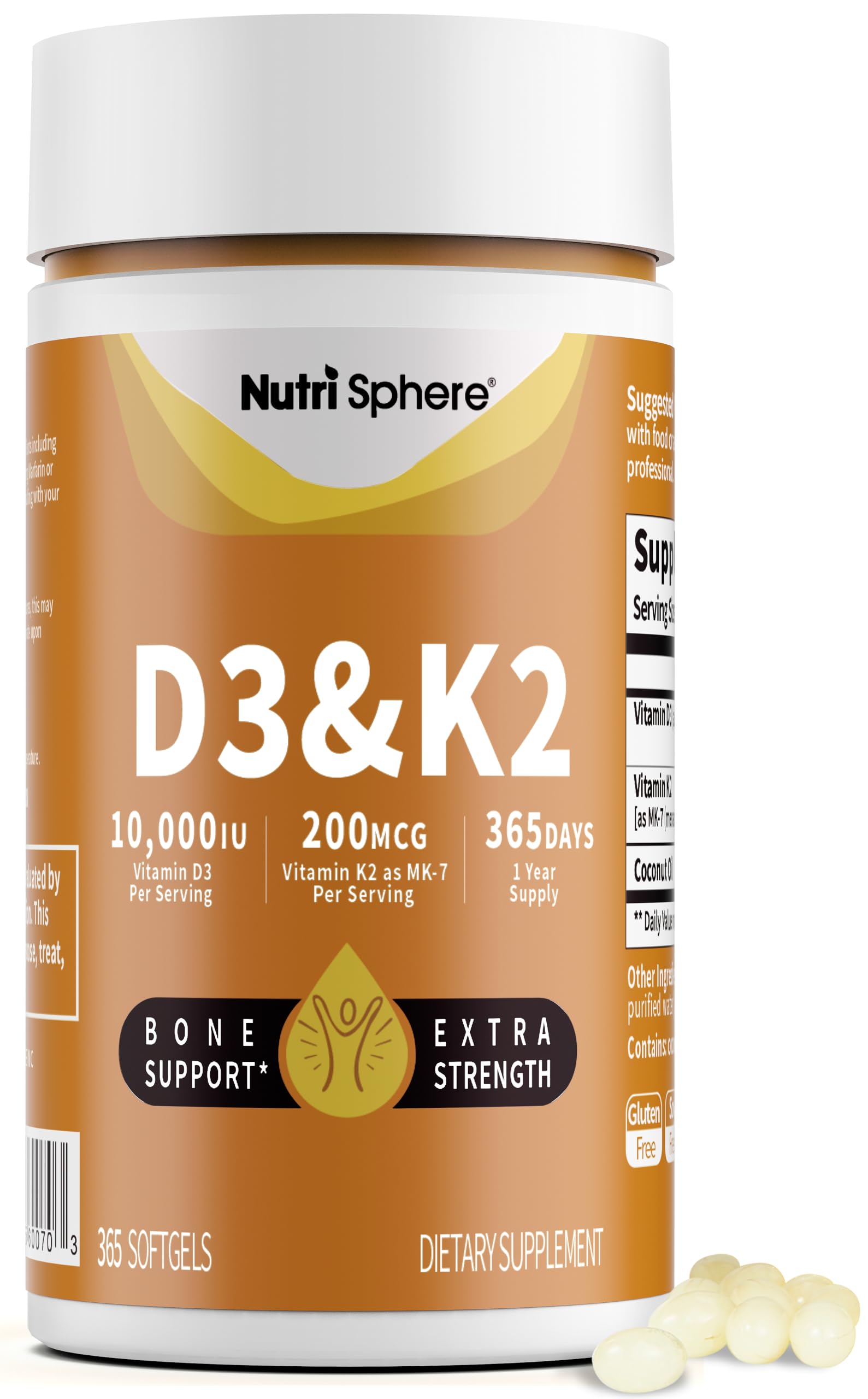 NutriShpere Vitamin D3 & K2 MK-7 Softgels bottle front view