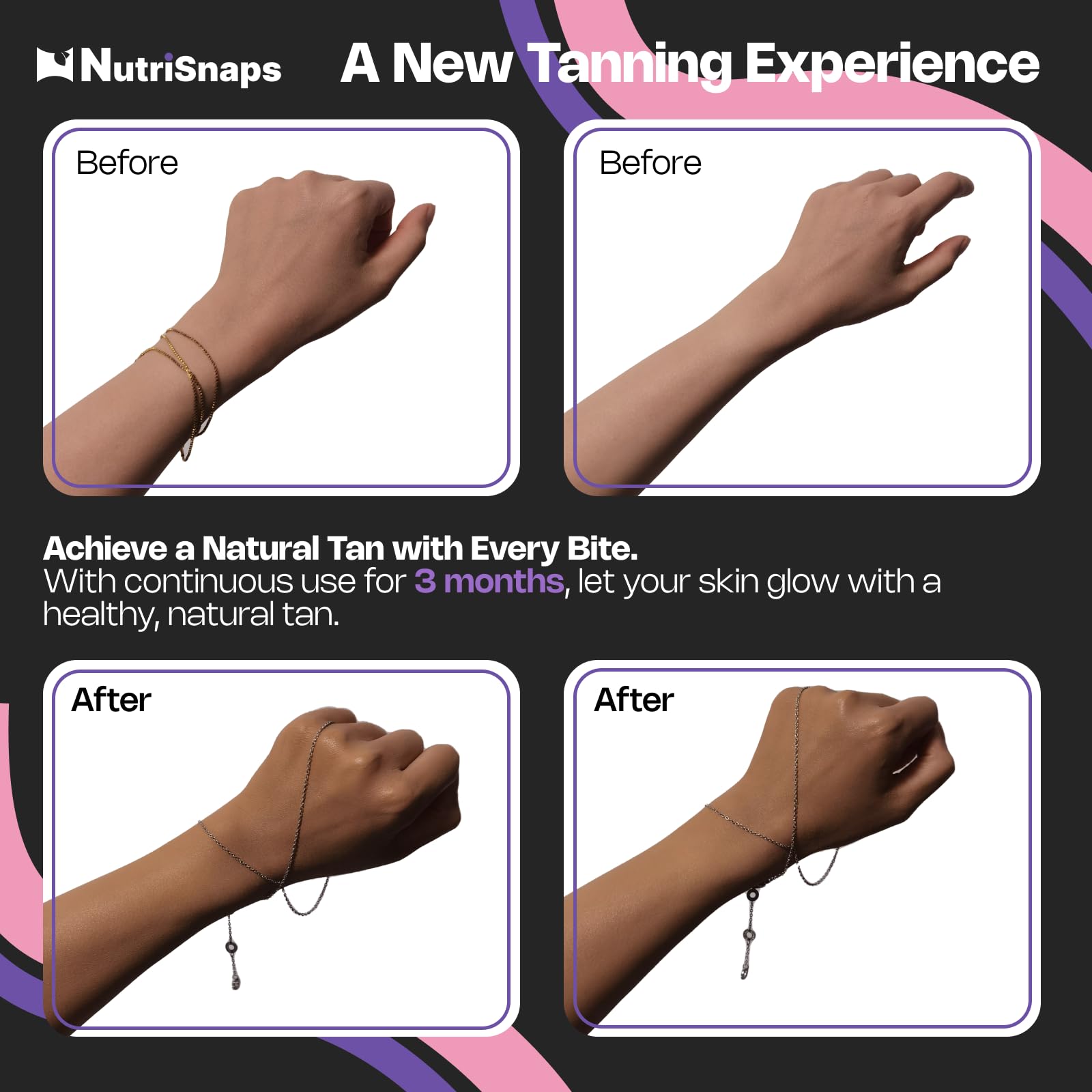 Nutrisnaps Tanning Gummies with ingredients list on packaging