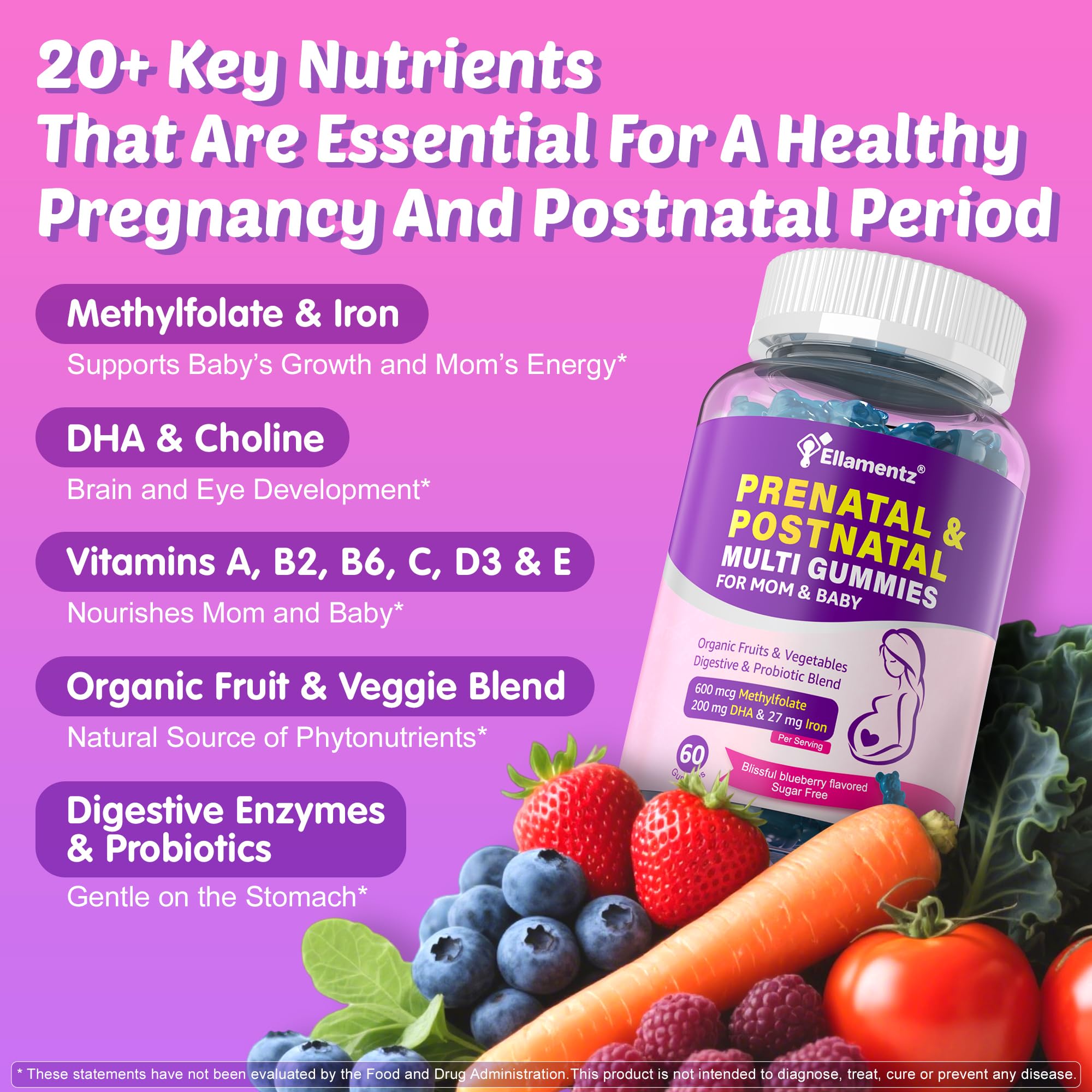 Nutrition facts of ELLAMENTZ Prenatal Multivitamin Gummies