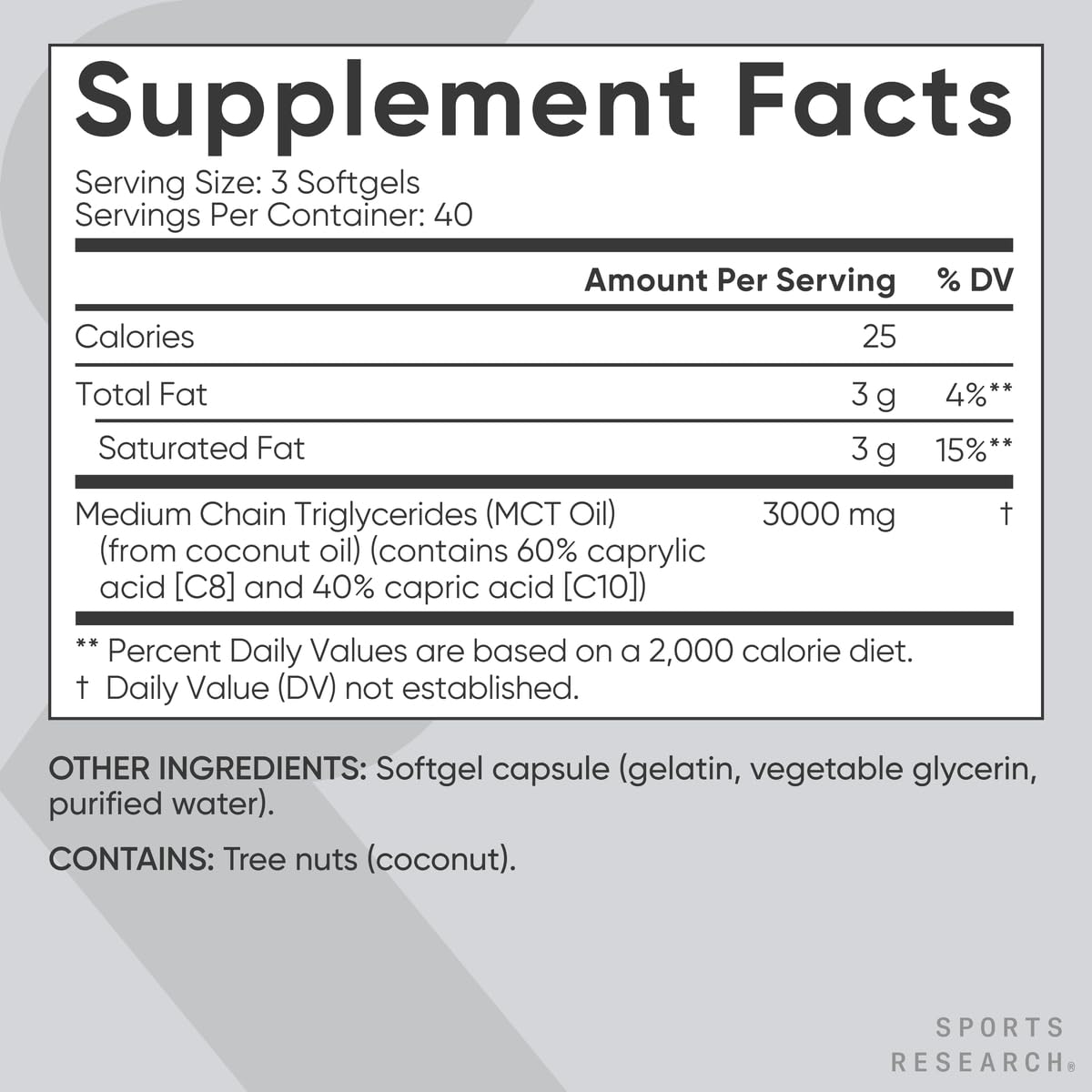 Nutrition facts of Sports Research MCT Oil Softgels