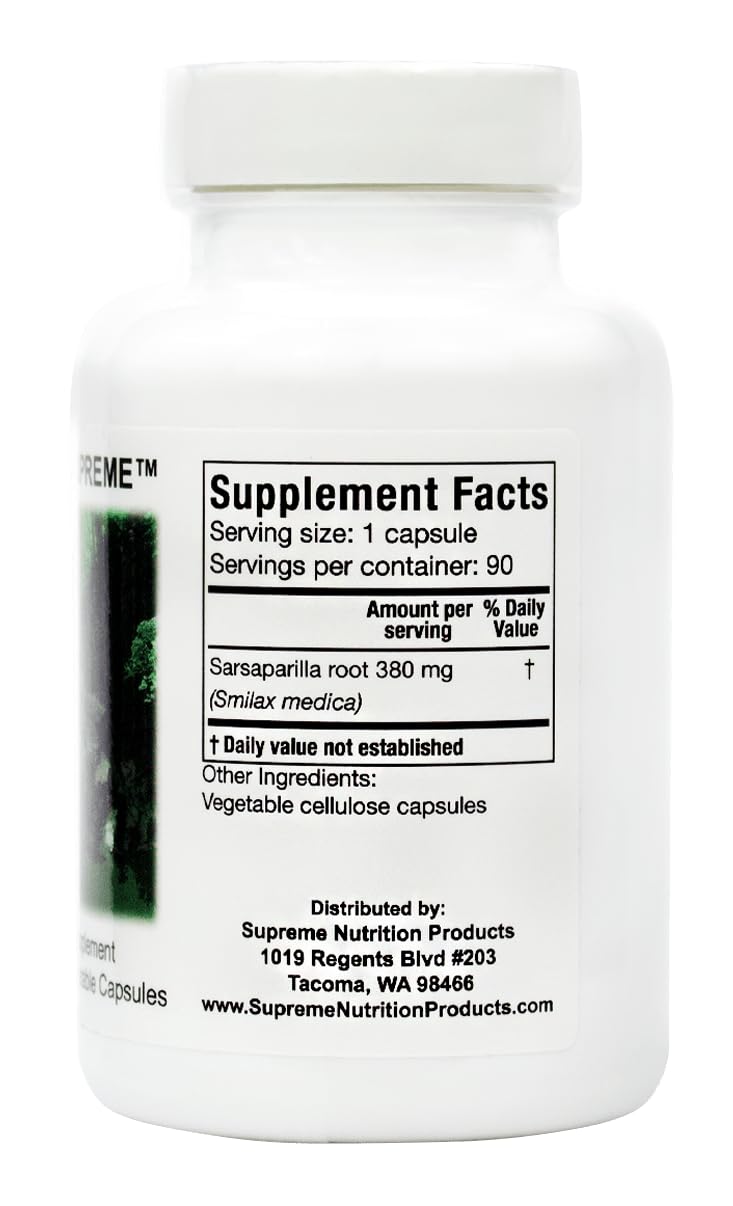 Nutrition Sarsaparilla Capsules side view showing dosage details