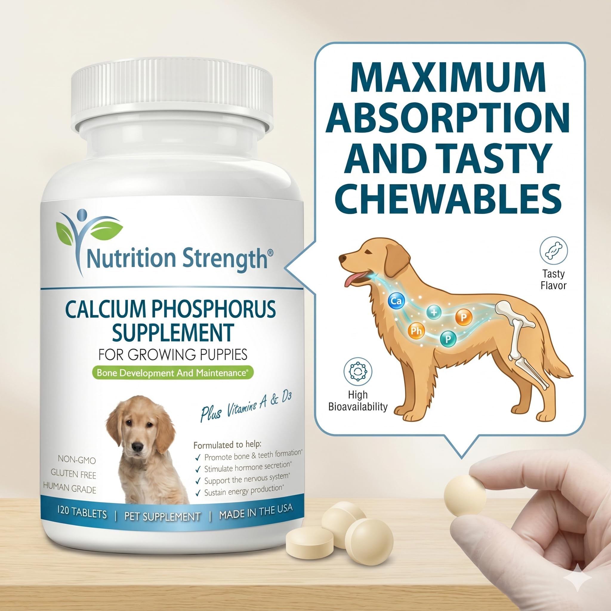 Nutrition Strength Calcium & Phosphorus Chewables with a puppy