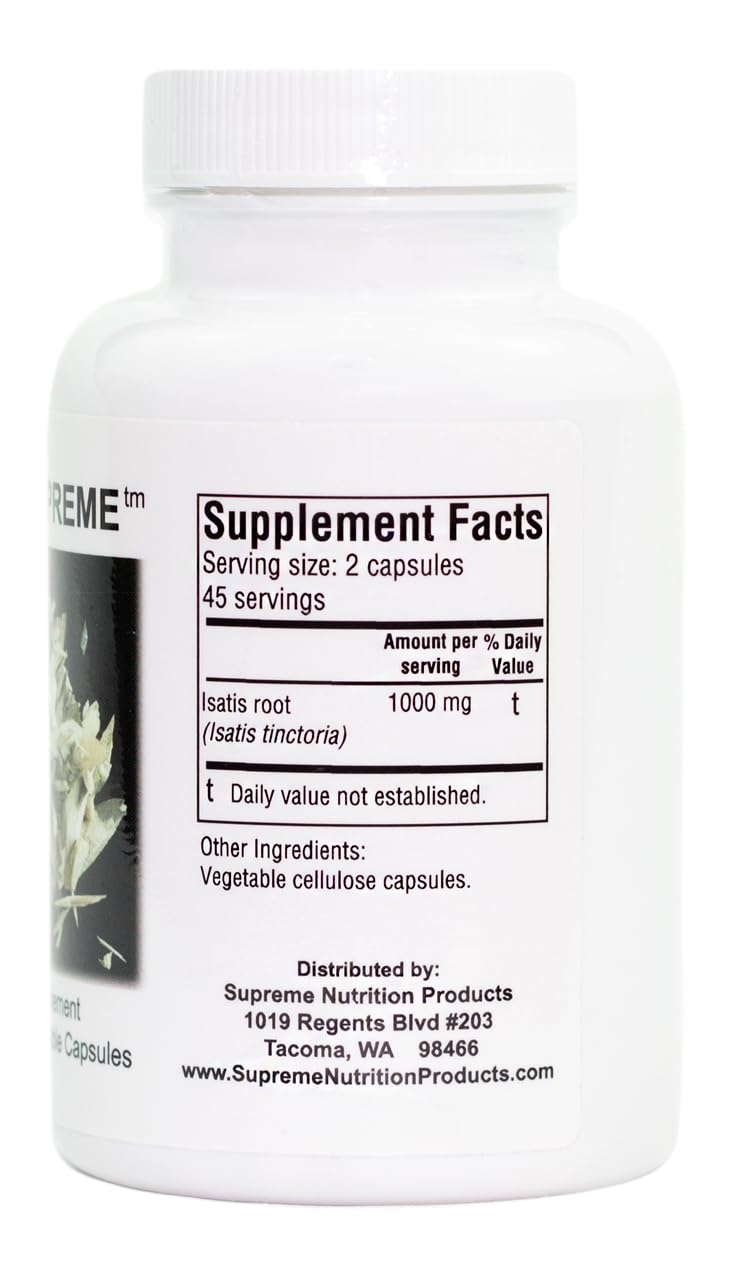 Nutrition Woad 100% Pure Isatis Root capsules on a wooden table