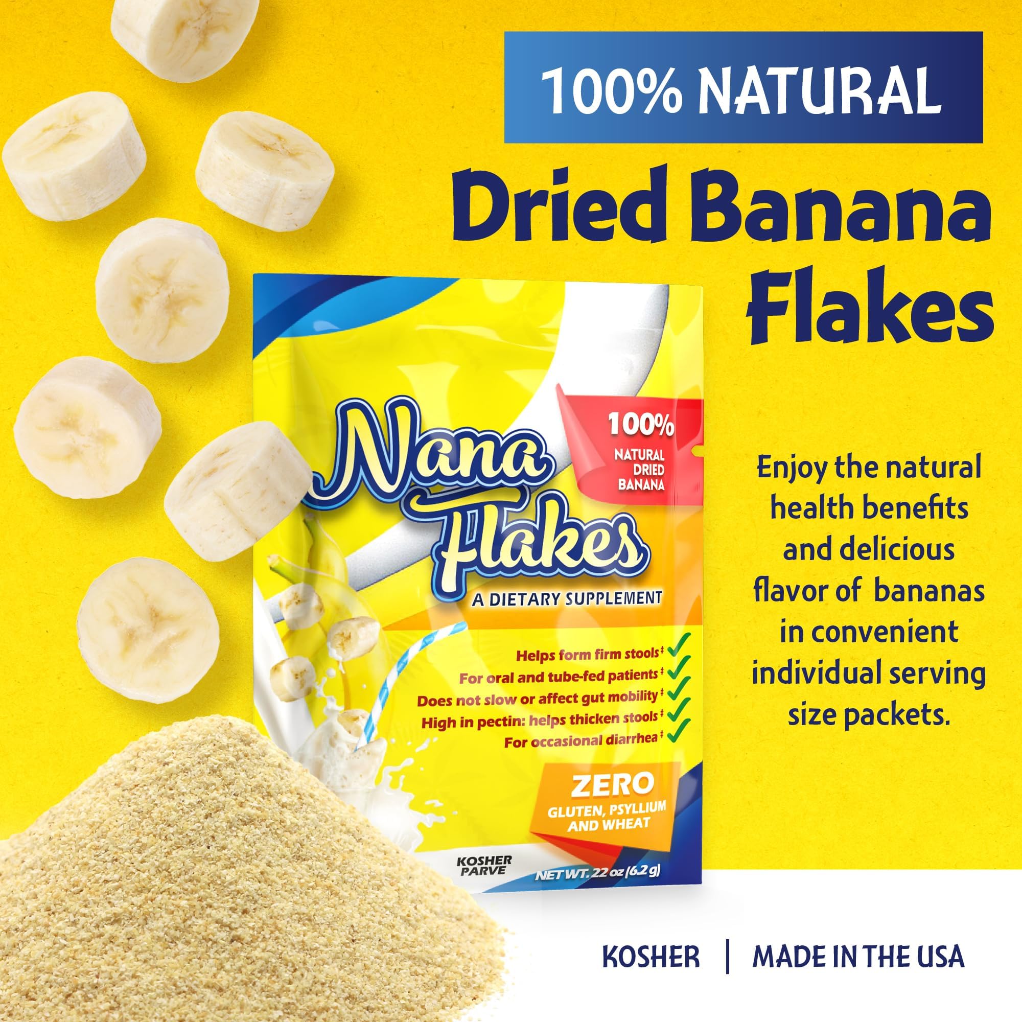 Nutritional Designs Banana Flakes Powder single serve packets displayed