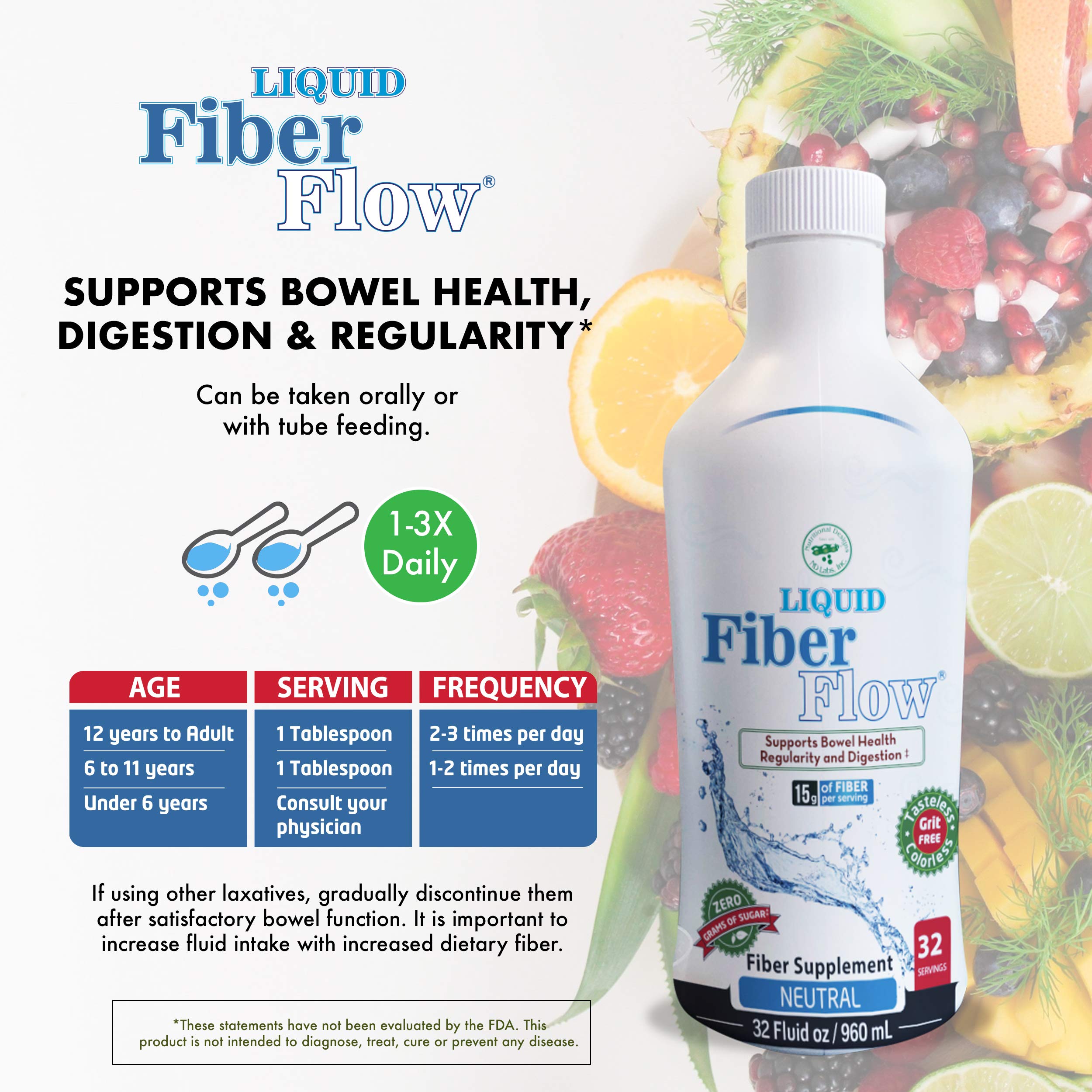 NUTRITIONAL DESIGNS Liquid Fiber Flow 28g bottle on kitchen counter