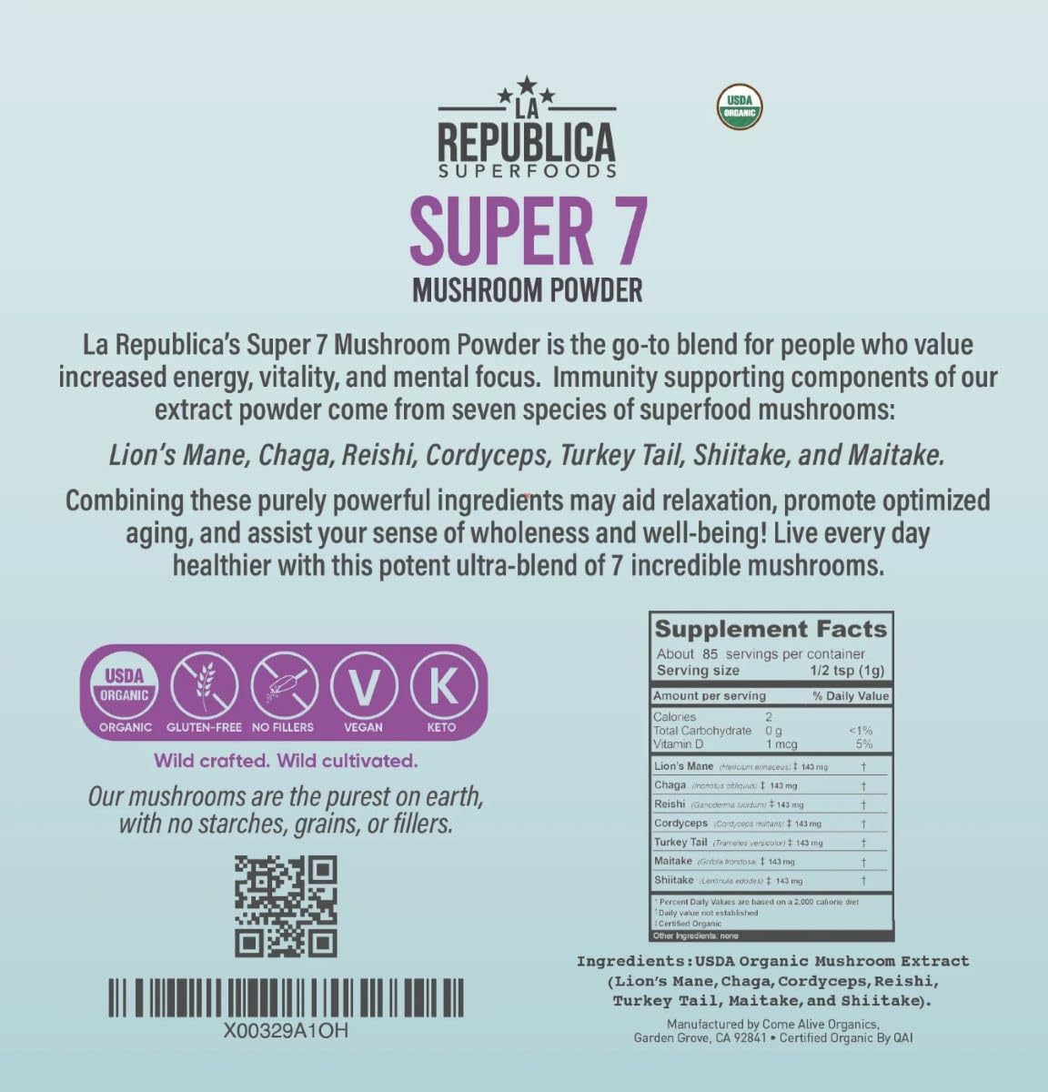 Nutritional information on LRLA SUPERFOODS Mushroom Super Blend