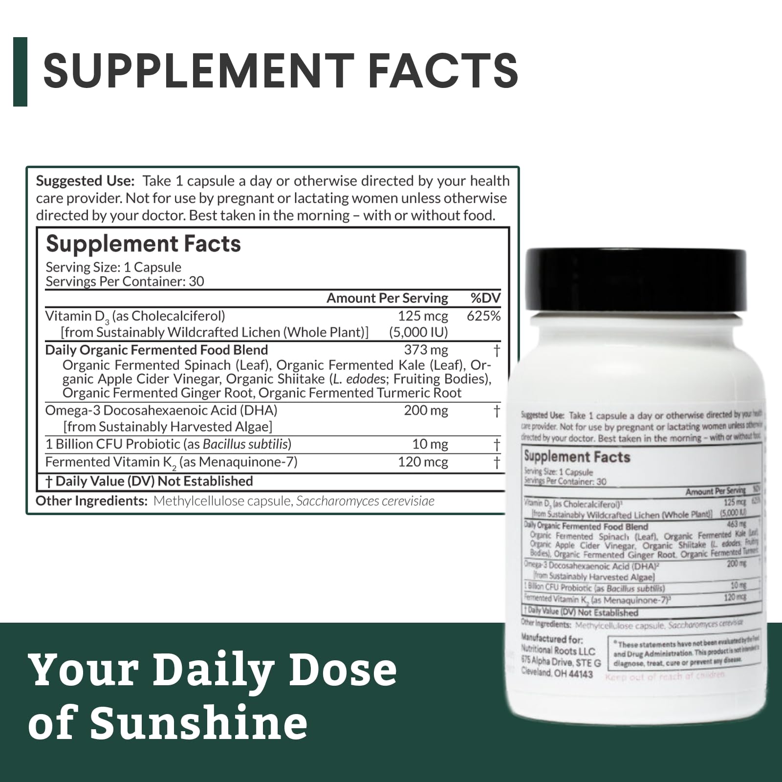 Nutritional Roots Vitamin D3 + K2 supplement capsule close-up