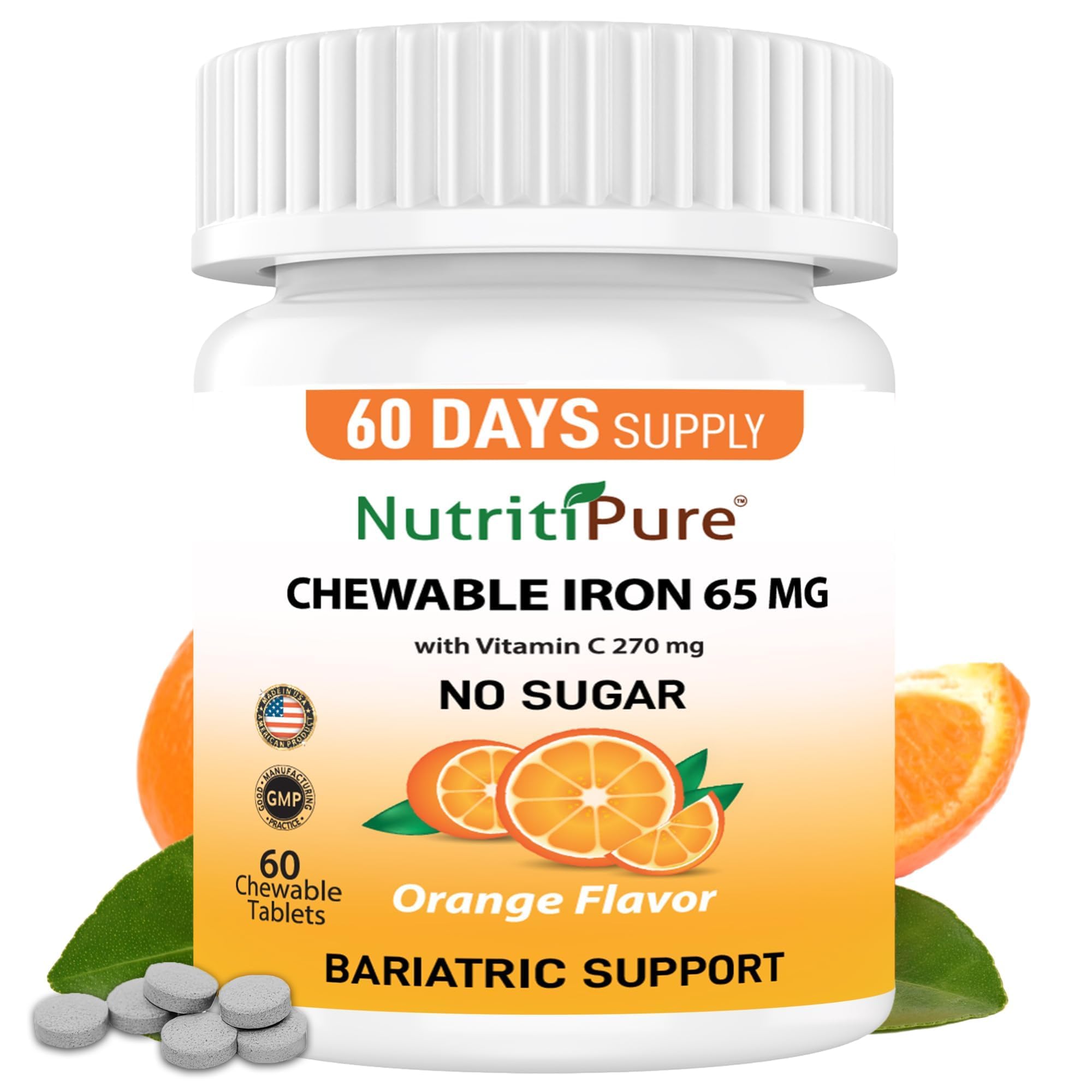 NutritiPure Carbonyl Iron 65mg chewable tablet front view