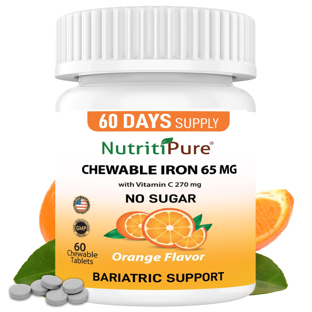 NutritiPure Carbonyl Iron 65mg chewable tablet front view
