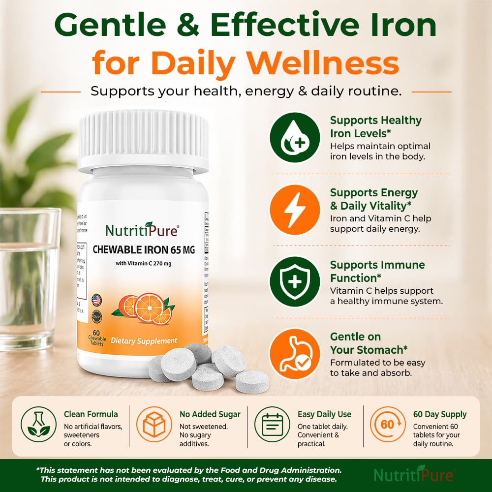 NutritiPure Carbonyl Iron 65mg chewable tablets in a hand