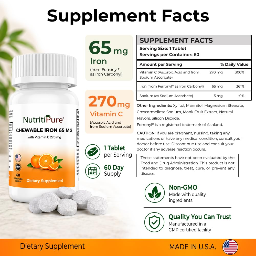 NutritiPure Carbonyl Iron chewable tablet in hand