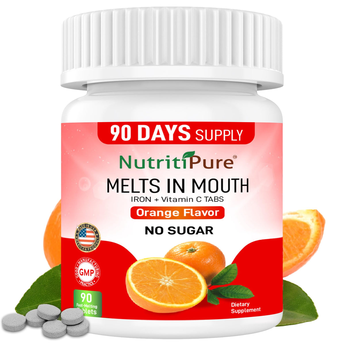 NutritiPure Iron Supplement 50g front view with orange flavour