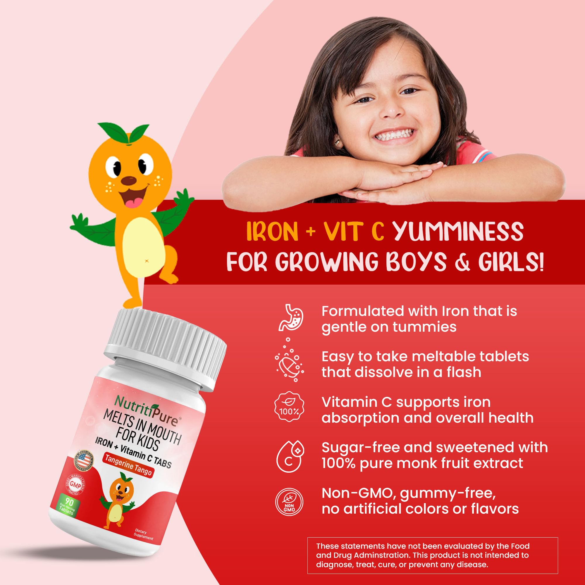 NutritiPure Iron Supplement Tablets Tangerine Tango side view